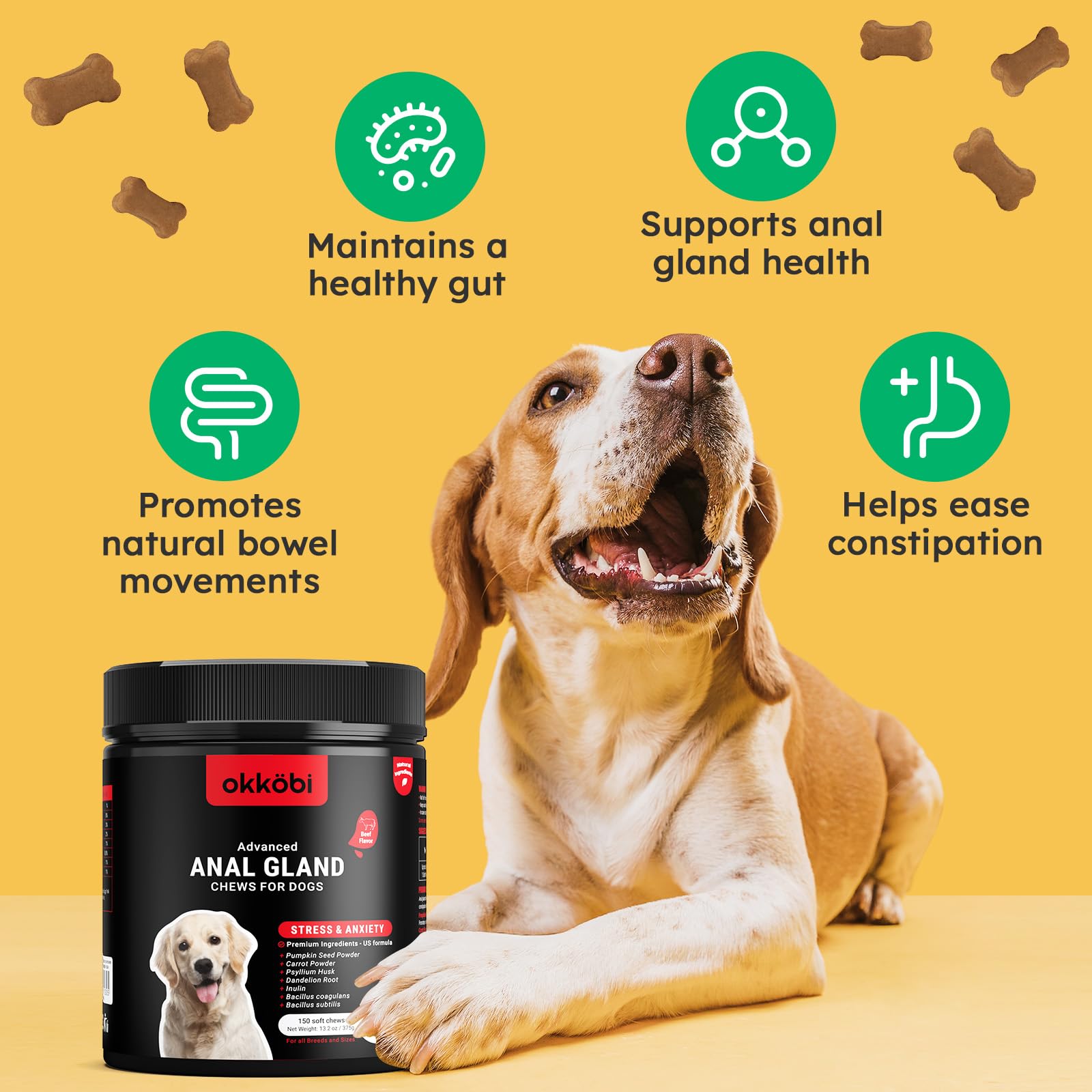 Anal Gland Chews 150Pcs - Constipation Relief for Dogs and Digestive Support - US Formula with Fiber Supplements, Natural Ingredients & Vitamins - Beef