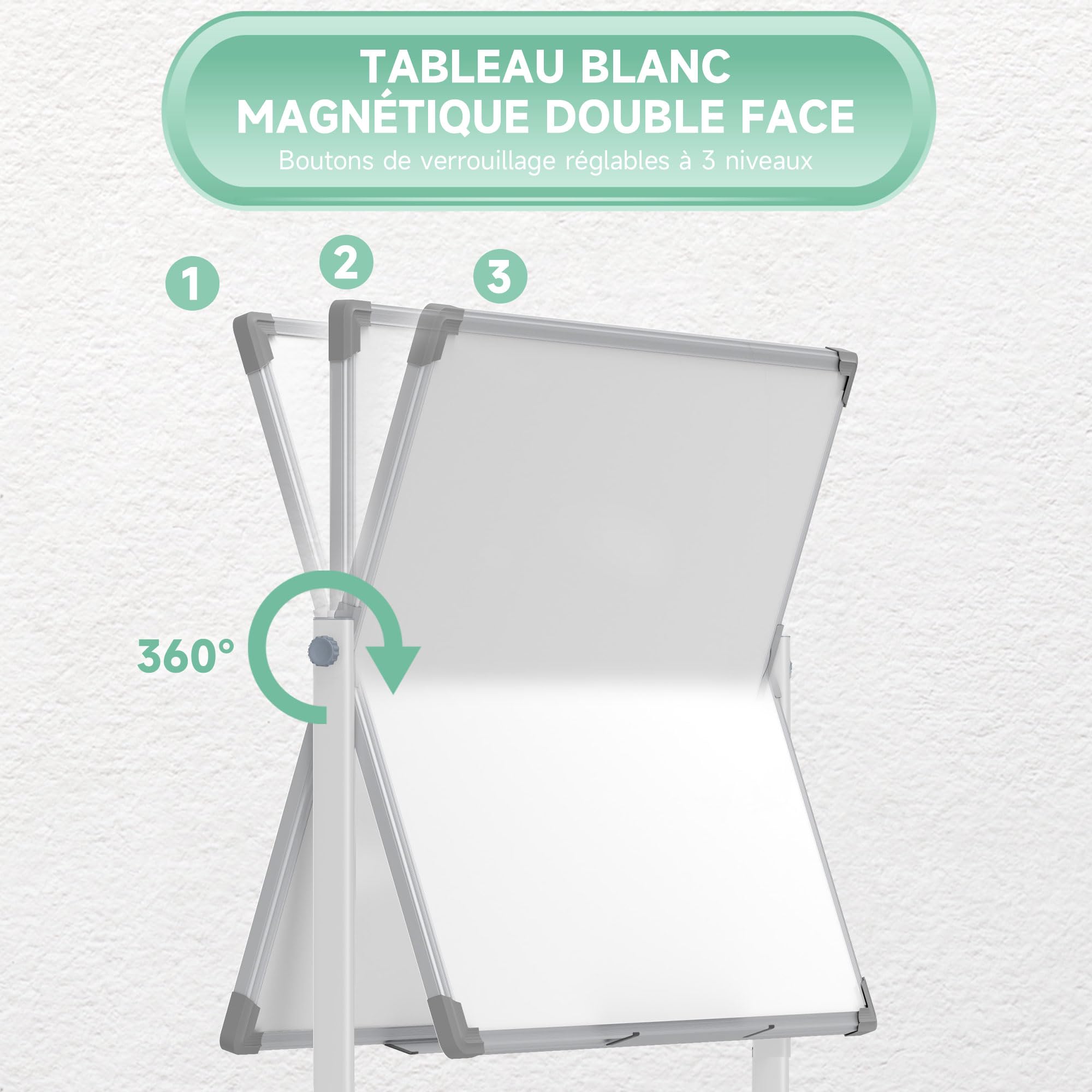 HOMCOM Tableau blanc magnétique double face, tableau blanc effacable rotatif mobile avec support, aimants, marqueurs, gomme et roulettes pour bureau à domicile, salle de classe, blanc