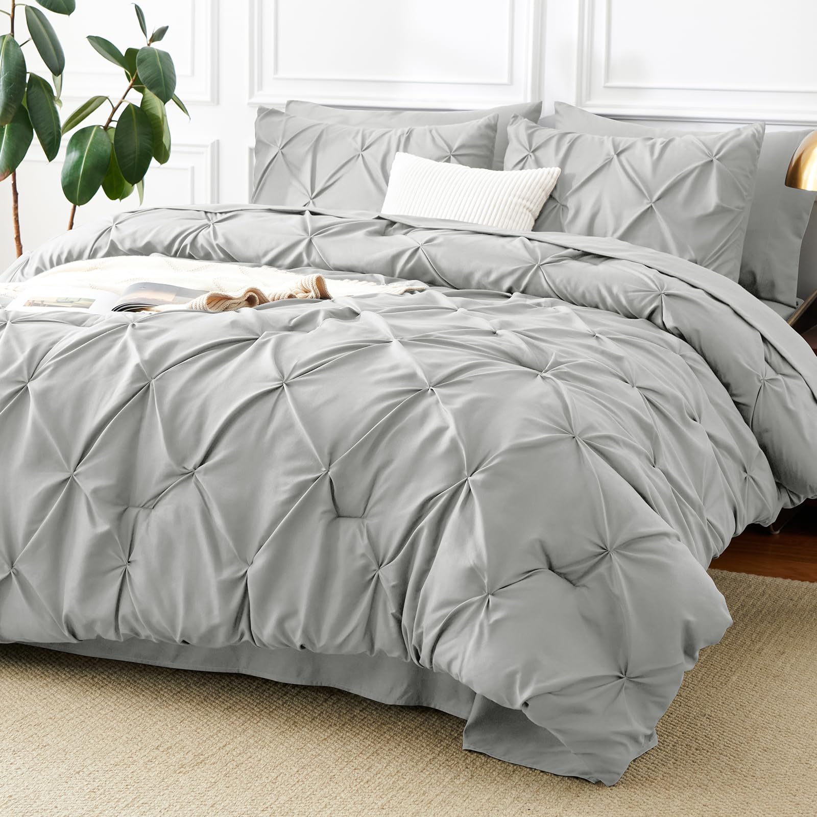 Photo 1 of CozyLux California King Comforter Set Light Grey, Cal King Pintuck Bed in A Bag 7 Pieces, All Season Bed Set Gift for Family, Pinch Pleat Bedding Sets with Comforter, Sheets, Pillowcases & Shams
