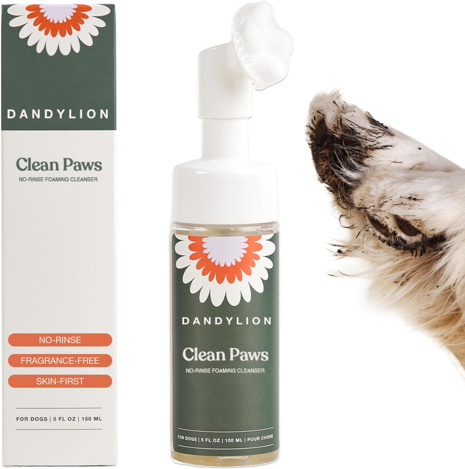 Clean Paws | No-Rinse Foaming Cleanser | Gentle, Fragrance-Free, and pH Balanced to Provide a deep Clean Safe for All Dogs | 5fl oz. Bottle with Silicone Bristle Brush