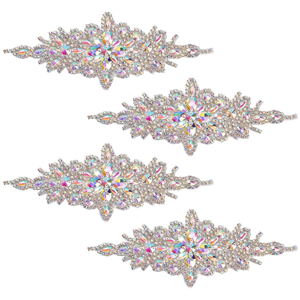 Applique strass cristal AB en rhombe 240x95mm pour robe de mariée et ceinture, lot de 4