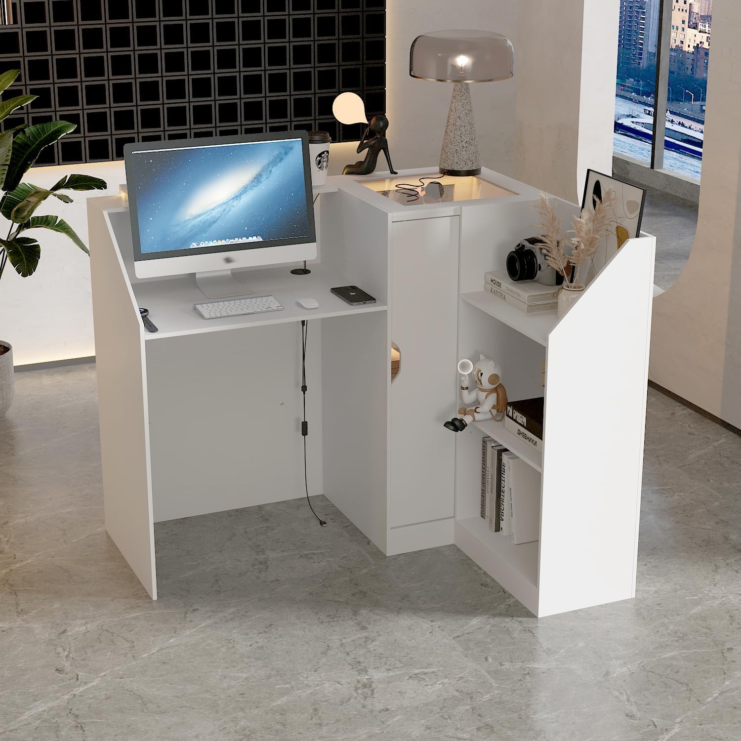 L-Shape Reception Desk with Lights, Front Counter Table with Glass Shelves, Reception Room Table, Counter Desk for Retail Checkout, Lobby Salon Store, White, 39.4”D x 47.2”W x 40.6”H