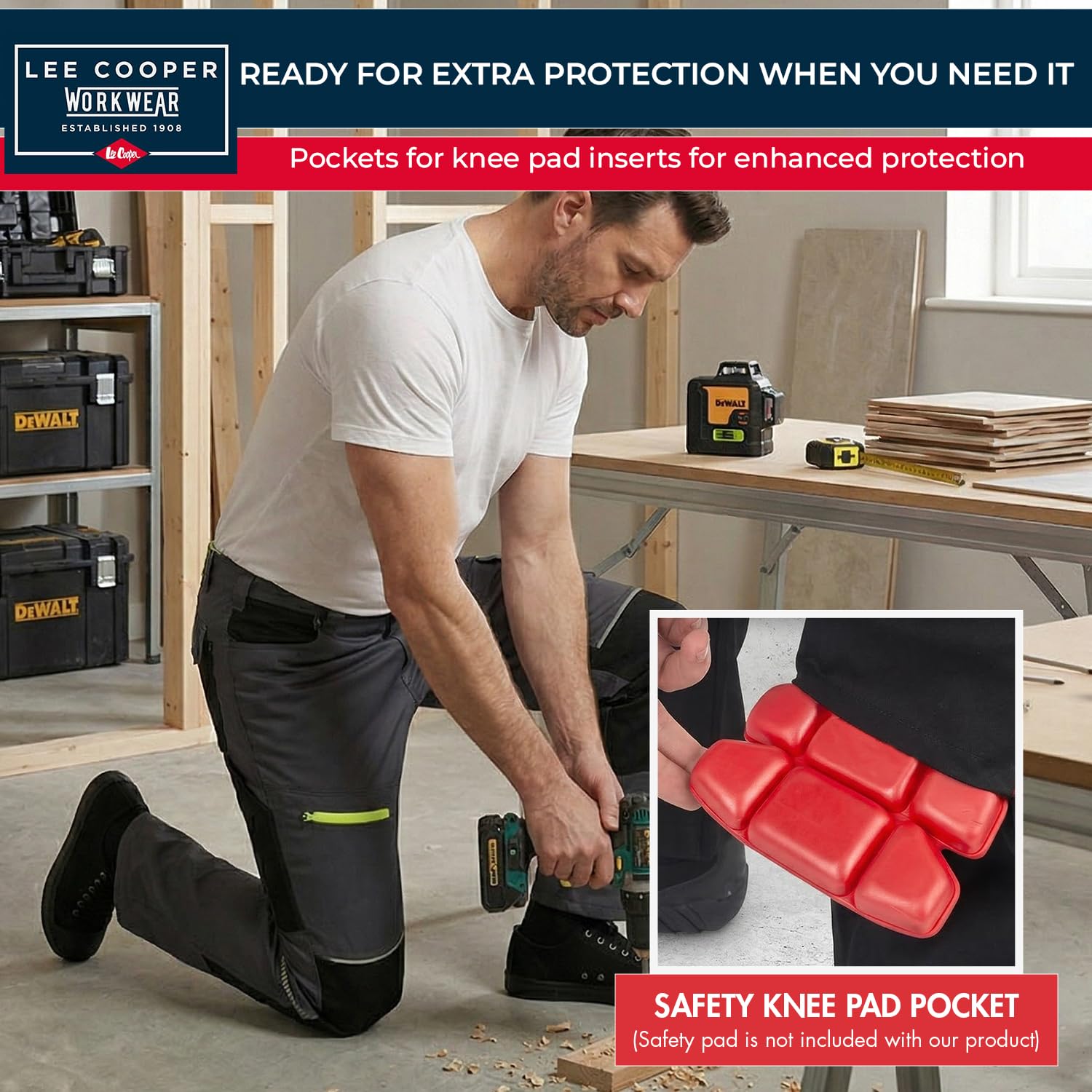 Lee Cooper LCPNT246 Męskie spodnie robocze cargo stretch z kieszeniami na nakolanniki, elementy Hi-Vis, kieszenie narzędziowe