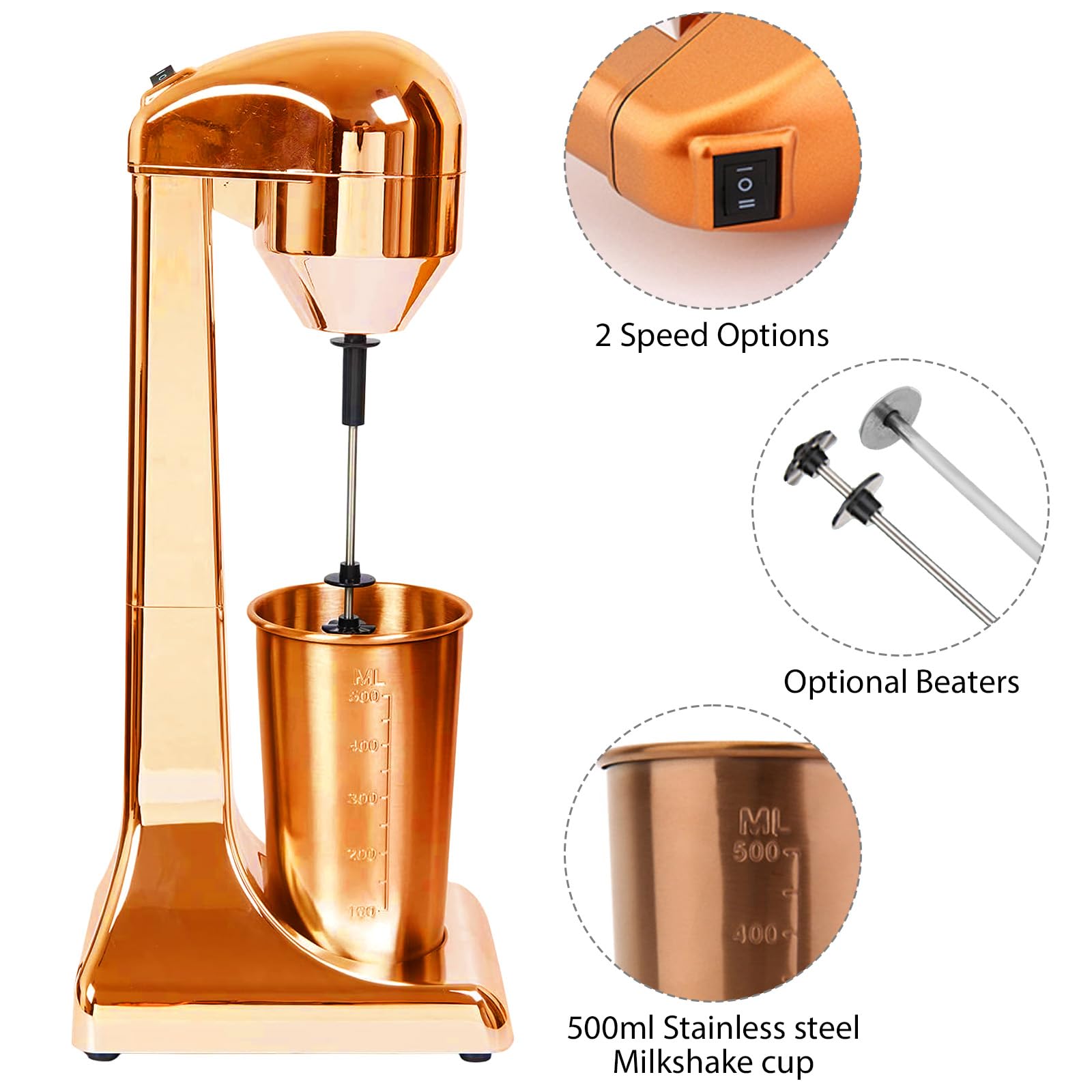 Milkshake Maker, Mixeur à boissons, avec 1 gobelet mélangeur en acier inoxydable 500 ml, 230 V/100 W, 2 vitesses de rotation réglables, gobelet en acier inoxydable, shake de lait et de protéines