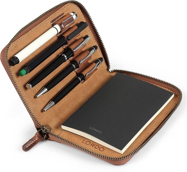 Londo OTTO486 Padfolio z prawdziwej skóry z uchwytem na długopis Notepad i zamkiem błyskawicznym (cynamon)