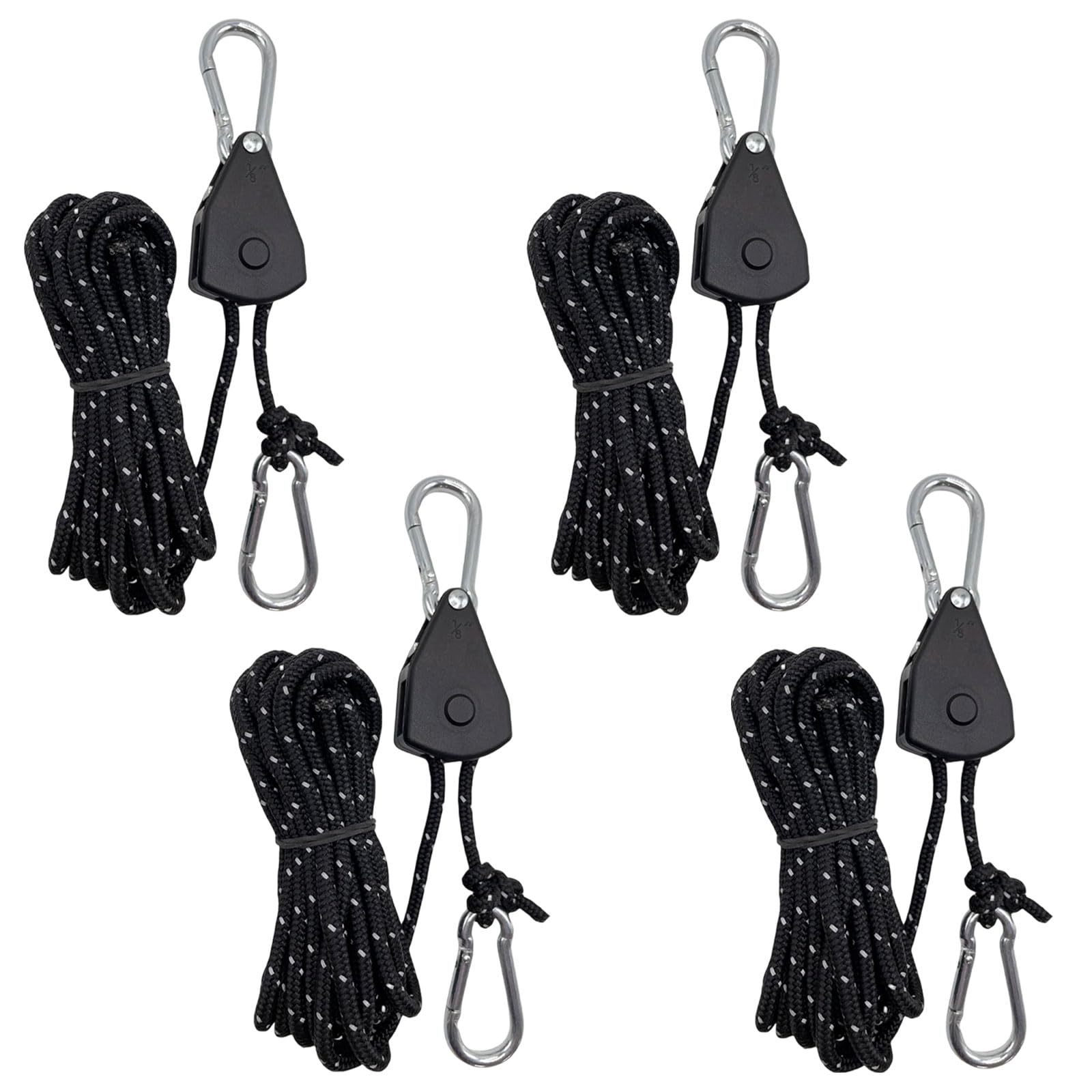 4 PCS Reflective Tent Guy Ropes, 4 mm Ratchet Ropes with Rope Tensioner, 4M Heavy Duty Adjustable Reflective Tent Guy Rope for Camping, Hiking, Awning, Black