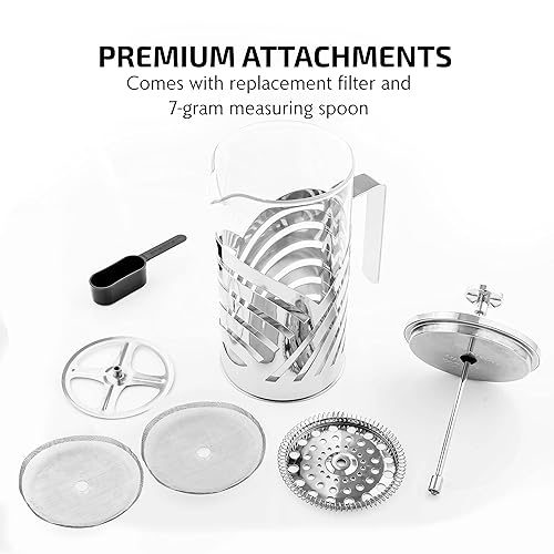 Miniatura 7 de OVENTE Cafetera de prensa francesa de 34 onzas con vidrio de borosilicato resistente al calor, diseño de acero inoxidable y sistema de filtro de 4