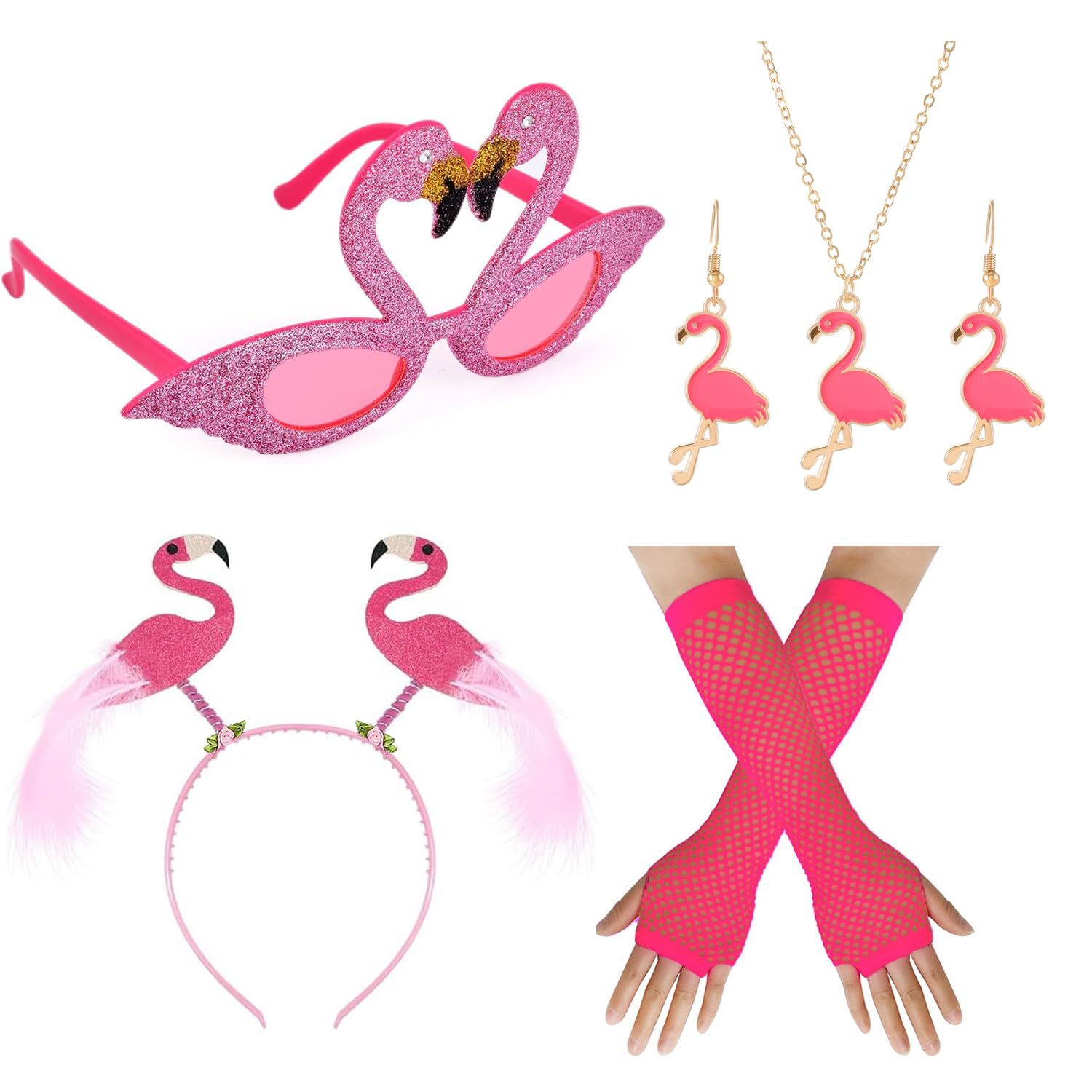 XINDY Flamingo Kostüm Damen, Flamingo Haarreif Brille Handschuhe Halskette Ohrringe für Hawaii Kostüm Party Faschingskostüm Karneval Kostüm Damen