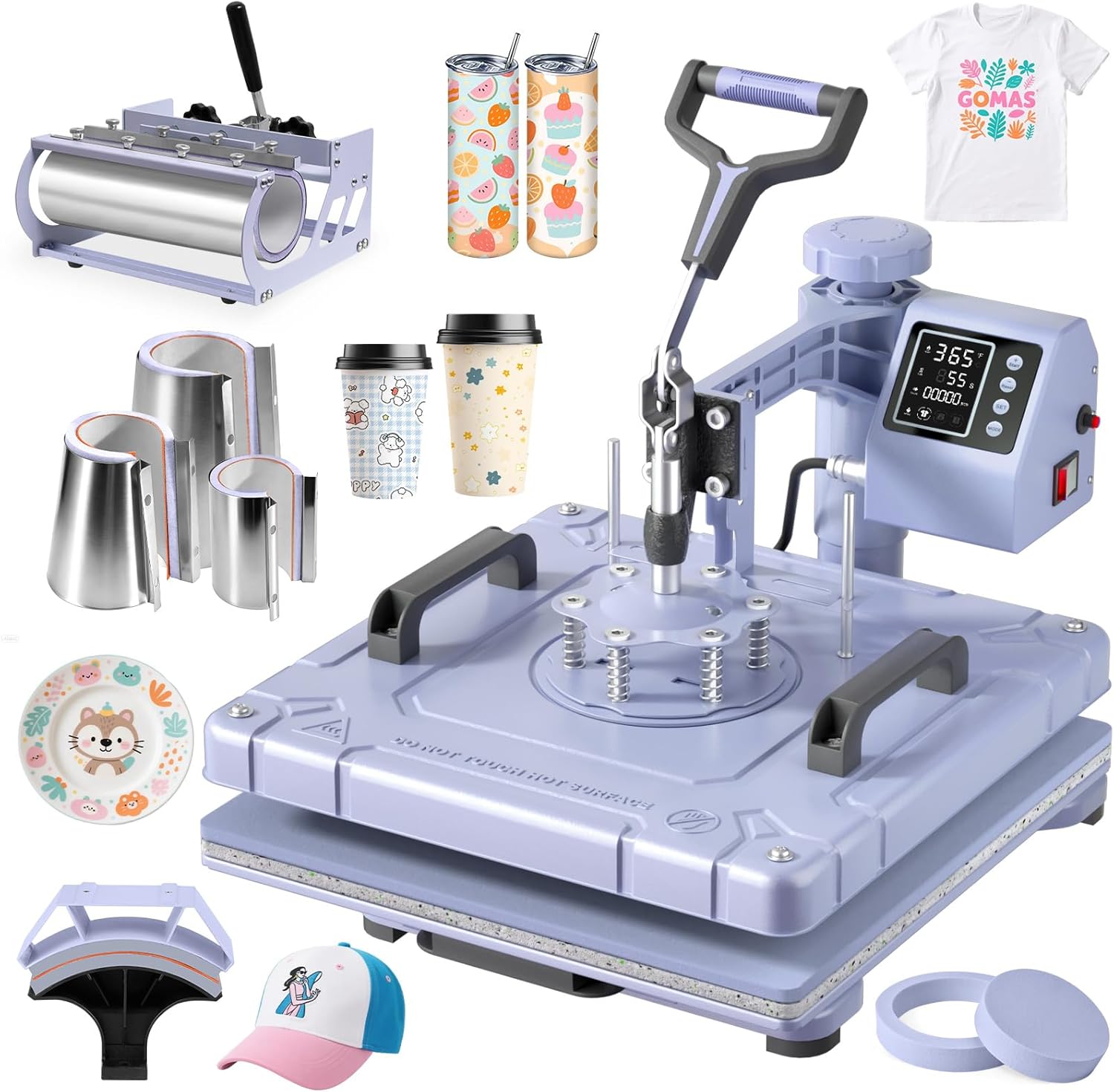 Slendor 8 in 1 Heat Press Machine 15x15 inch 360-Degree Swing Away Digital T Shirt Pressing Machine Multifunction Heat Transfer Sublimation Combo for T Shirts Mugs Hat Plate Cap, Lavender