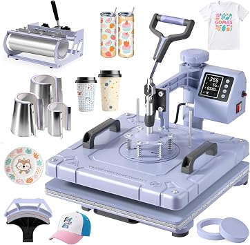 Slendor 8 in 1 Heat Press Machine 15x15 inch 360-Degree Swing Away Digital T Shirt Pressing Machine Multifunction Heat Transfer Sublimation Combo for T Shirts Mugs Hat Plate Cap, Lavender