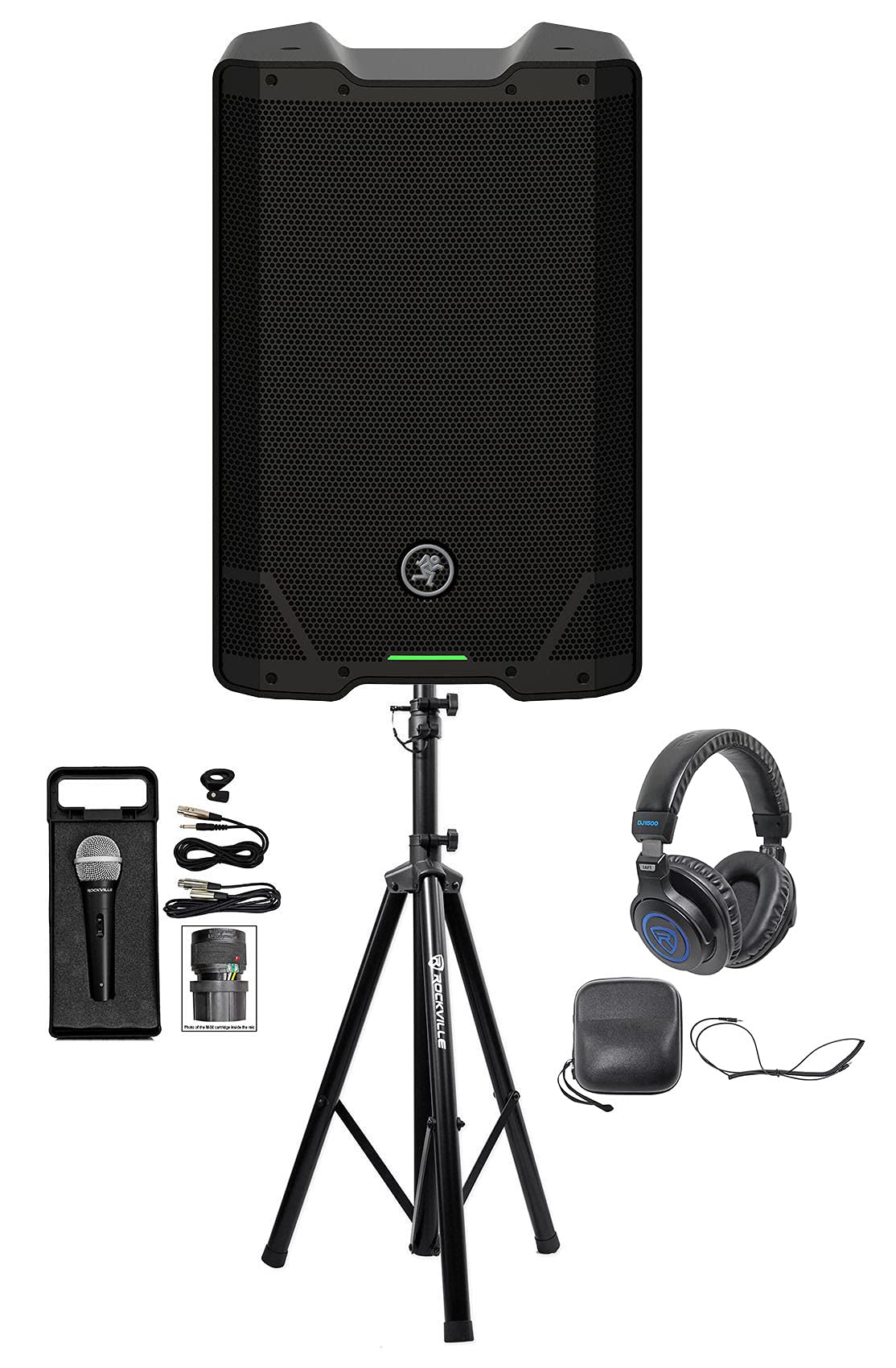 Audiosavings Bundle: Mackie SRT210 Speaker w/BT Bundle with Rockville PRO-M50 Studio Headphones & Rockville RCM03 Pro Recording Microphone Mic & Rockville RXS20 Portable Mixer Stand (4 Items)