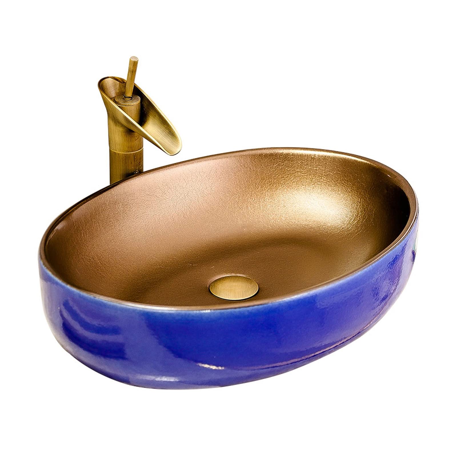 Aioneer Bathroom Sink Ceramic Above Counter Oval Bathroom Sink, 21.6" L X 15.7" W X 5.5" H Artistic Porcelain Ceramic Vessel Sink Basin Washing Bowl Lavatory Vanity-Blue