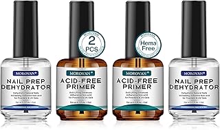 Morovan Nail Prep Dehydrator and Primer, Natural 4 PCS Dehydrator & Acid-Free Bond Primer for Acrylic Powder U V Extension Gel Nail Supplies Set
