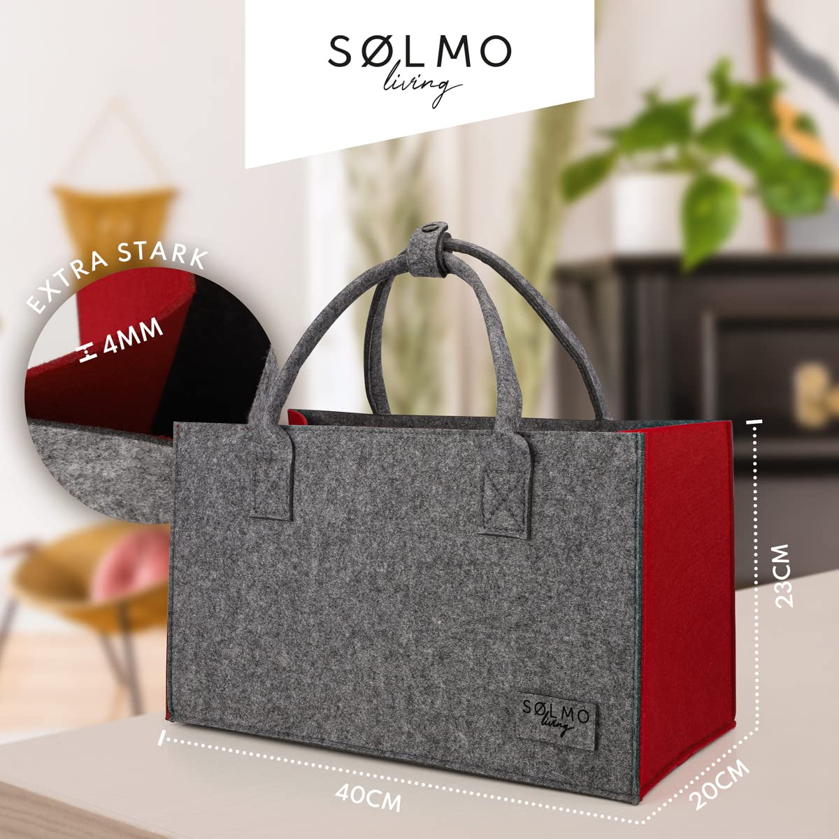 Solmo I Borsa in feltro - Borsa per la spesa pieghevole I Scomparto interno con cerniera I Borsa per il trasporto Borsa con manico Borsa da mercato, grigio antracite/rosso