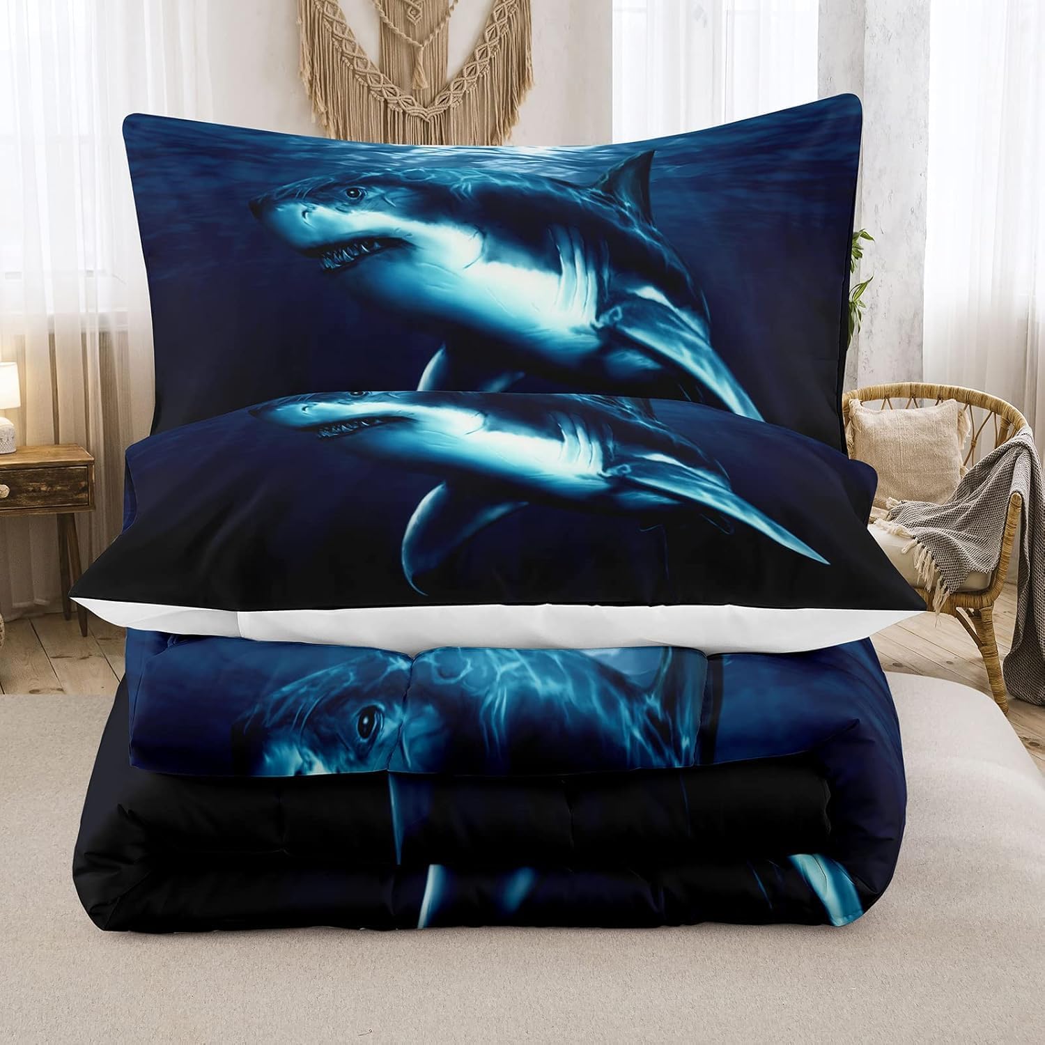 NINENINE Boys Blue Shark Queen Size Bedding Sets for Teens Kids, Navy Blue Comforter Set Fish Ocean Bed Set-Includes 1 Comforter with Matching Pillowcases - Image 3