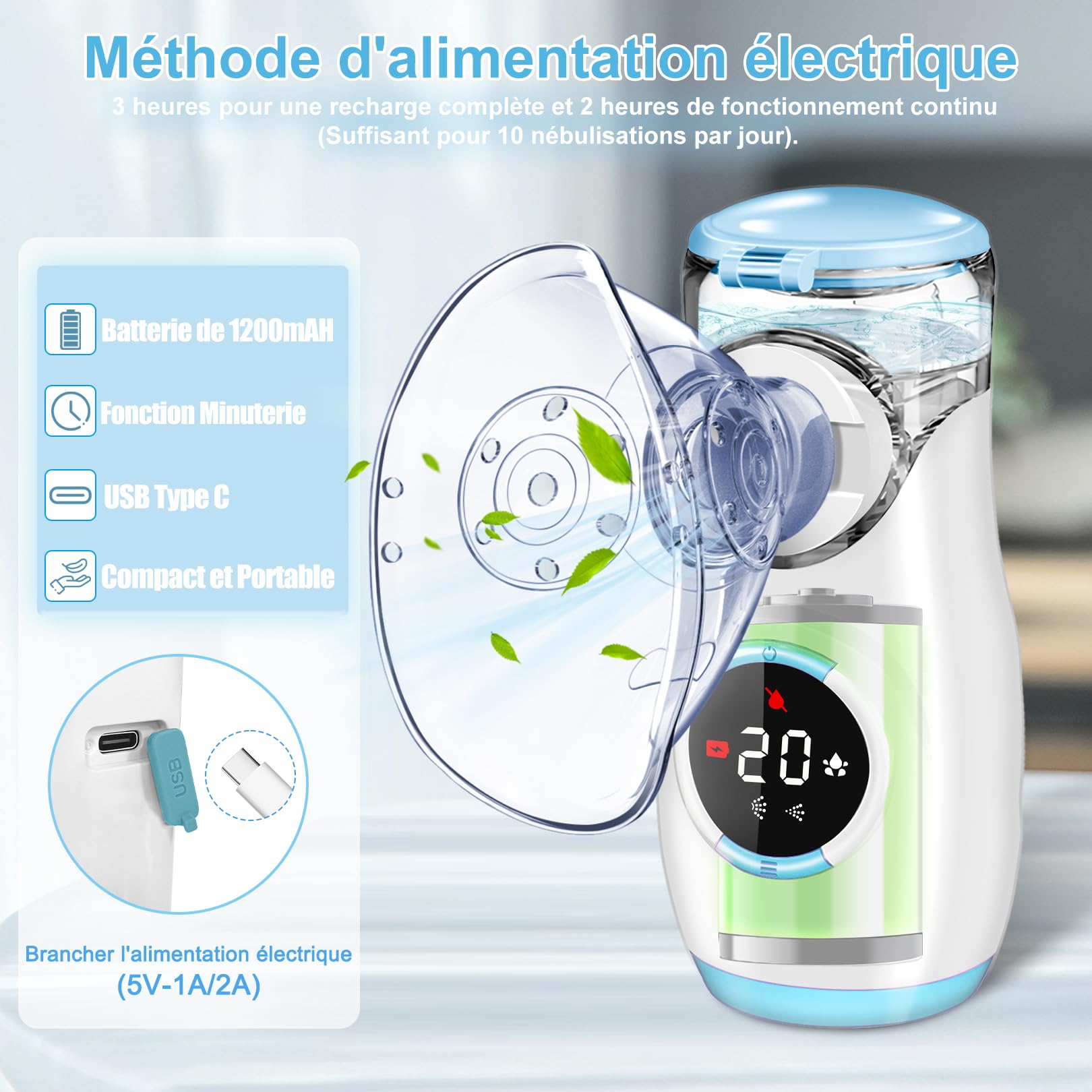 Nebulisateur pour Adultes et Enfants,Nebulisateur Portable Silencieux avec Ecran Digital,Nébuliseur Rechargeable Inhalateur Aerosol Medical Electrique avec 2 Masques et Embout Buccal
