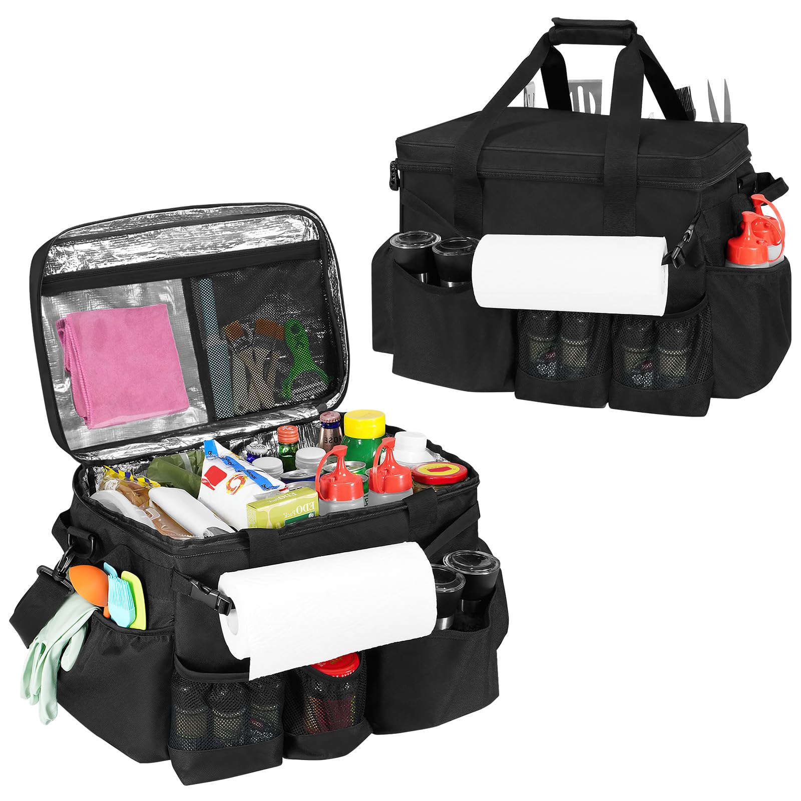 ORKELS Large Grill Caddy with Paper Roll Holder, Collapsible BBQ Organizer for Utensils, Condiments, and Plates, Easy to Carry Griddle Caddy for Outdoor, Camping, Picnic & Travel, Bag Only