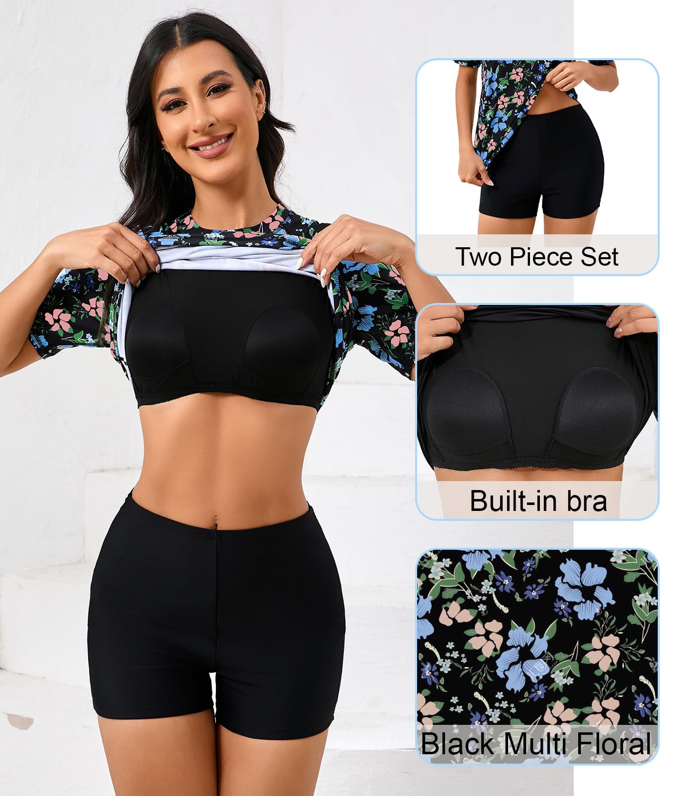 Halcurt Integrierter Damen-BH, Rashguard, UPF 50, zweiteiliger Badeanzug, Shirt und Boardshorts