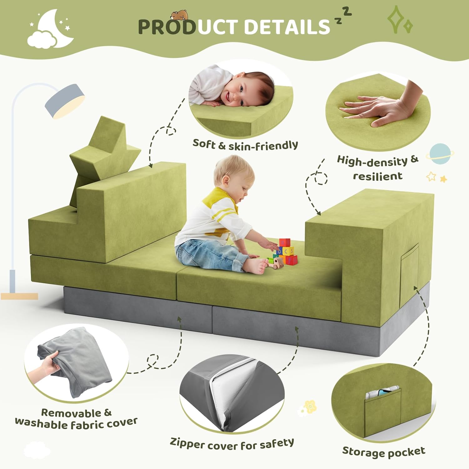Lischwert Kids Couch, Modular Kids Play Couch, Child Sofa for Girls Boys, Toddler Sectional Sofa with Building Fort, Convertible Foam Playhouse for Baby Indoor Outdoor (9, Green Grey)