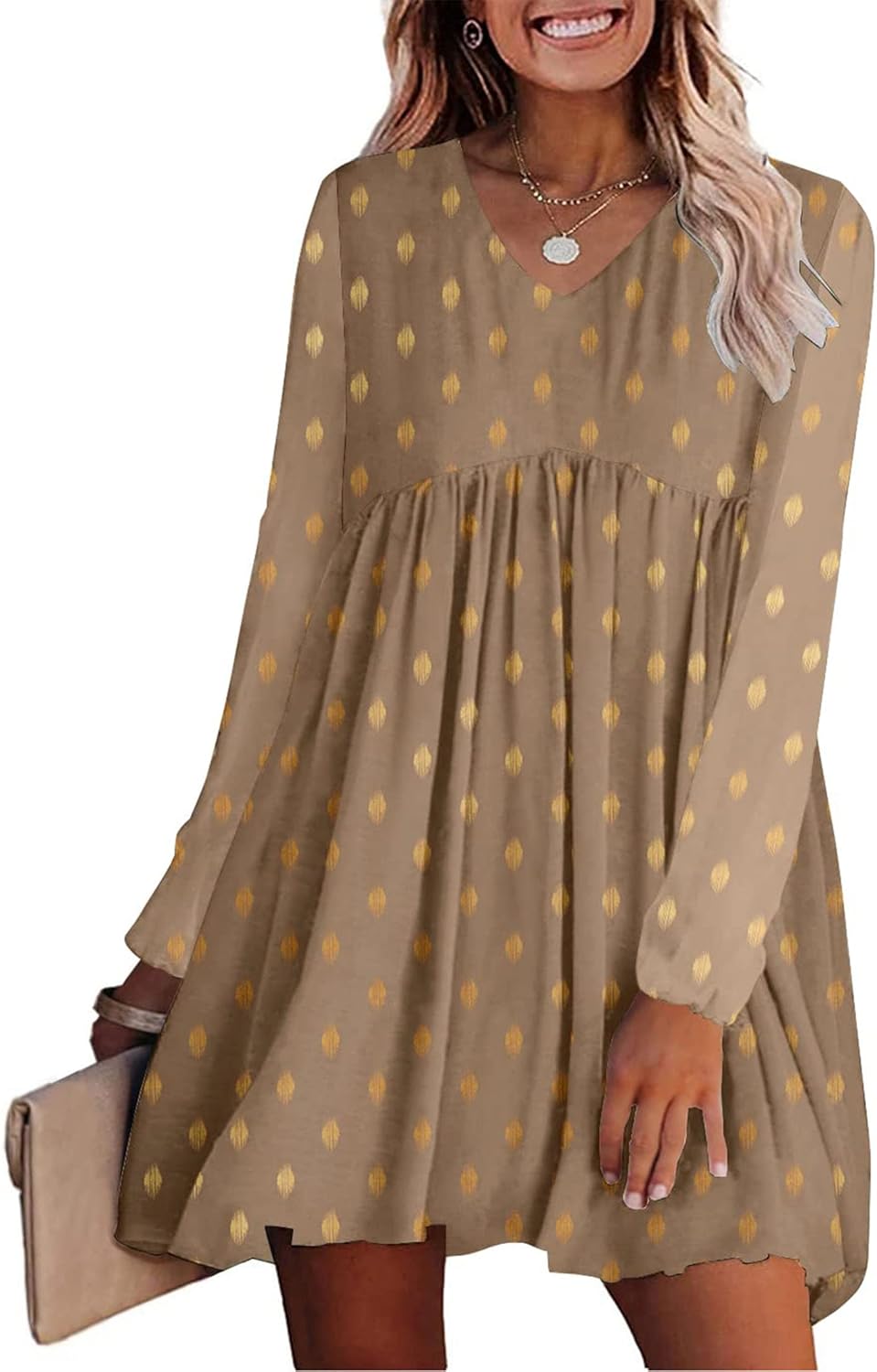 KIRUNDO Womens Dresses 2024 Spring Summer Long Sleeve Mini Dress V Neck Flowy Casual Swiss Dot Loose Babydoll Dress