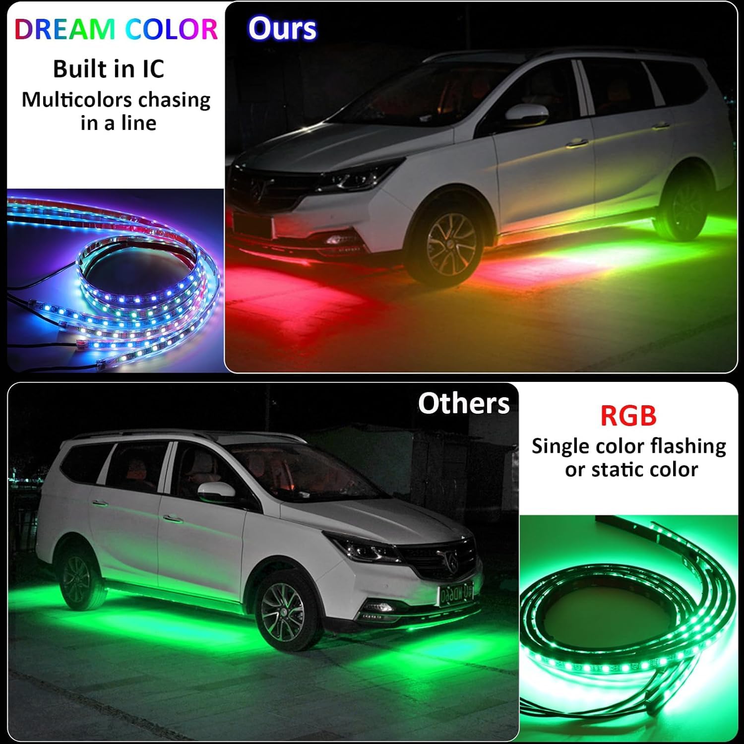 4 luci a LED per auto, colore da sogno, kit di sottogruppi per auto, app e telecomando RGB multicolore sincronizzazione musica sotto l'illuminazione dell'auto strisce al neon impermeabili