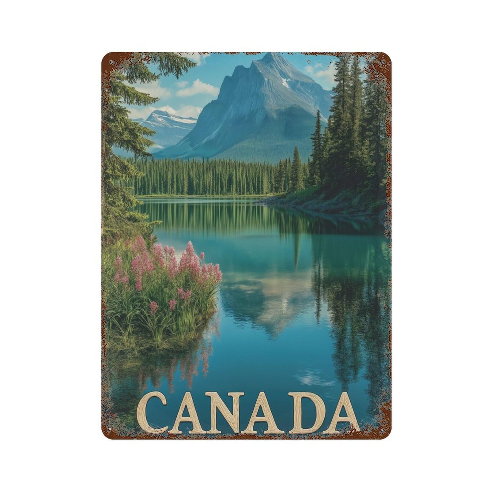 Canada Wilderness - Majestic Mountains And Mirror Lake Travel Poster Rust Effect Tin Sign 15.7"x11.8", Industrial Home Decor for Garage, Pub Or Kitchen