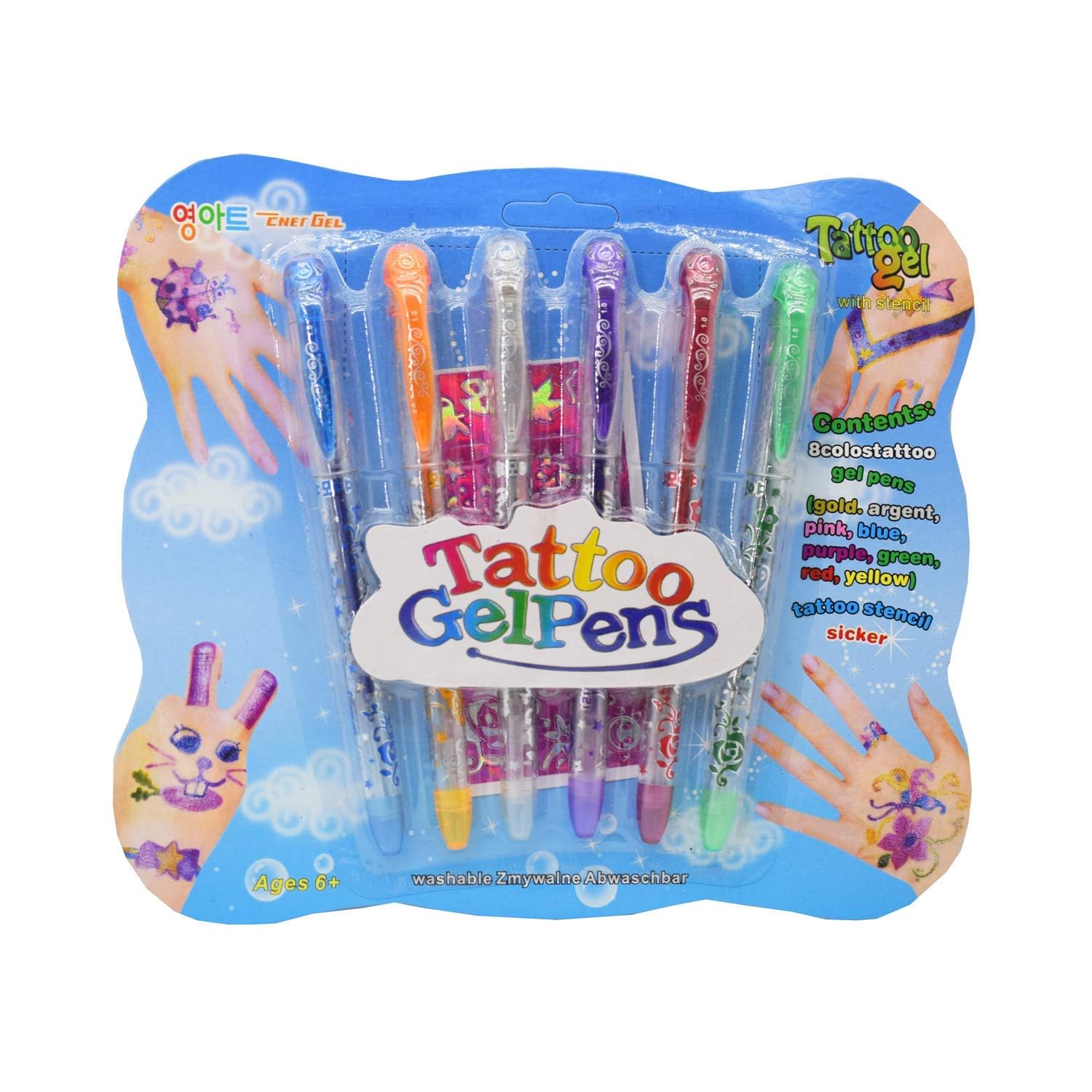 Art Ranger 6Pc Tattoo Gel Pen Temporary Washable Tattoo Pens for Kids Boys Girls Fun Body Art Drawing Kit for Birthday Parties, Festivals & Activities-image-2