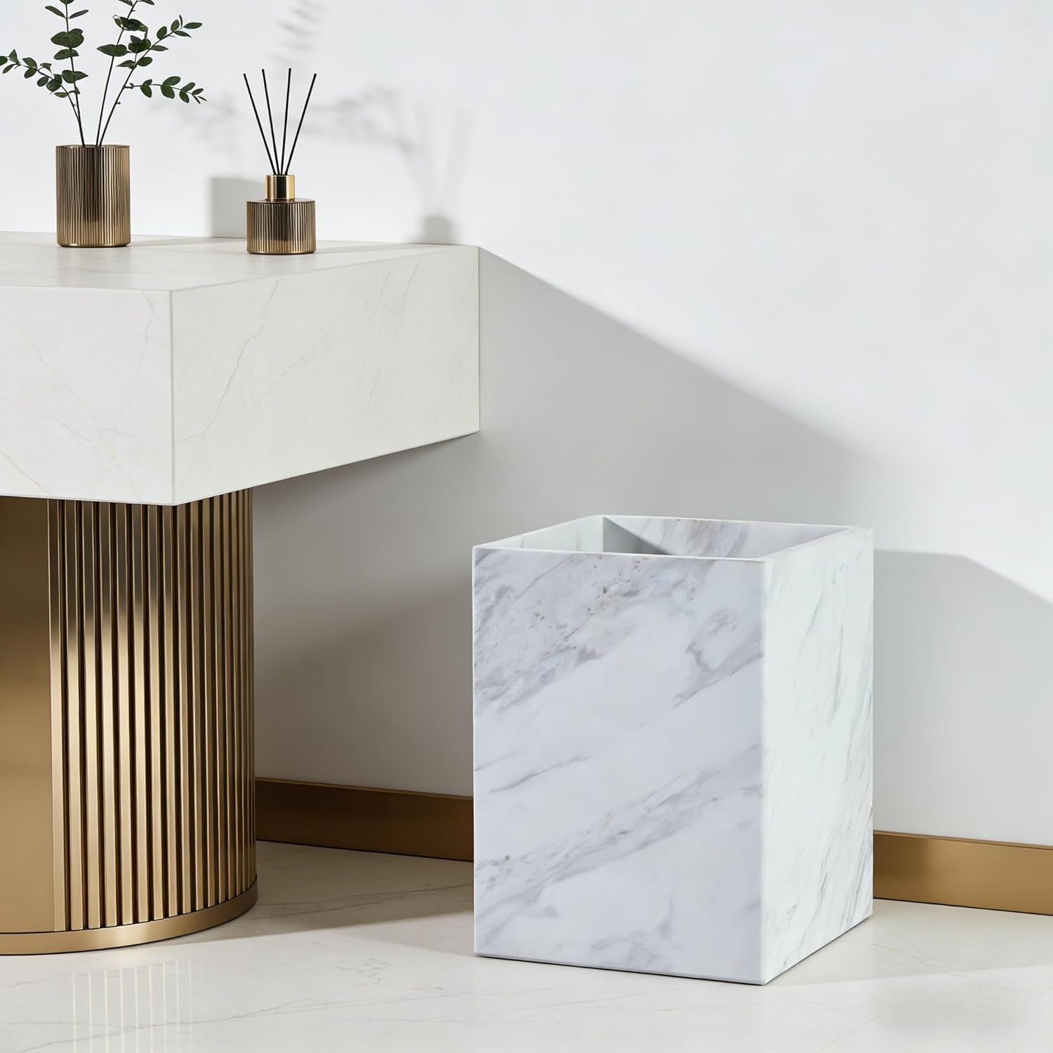 Modern Square White Marble Waste Basket, Natural Stone Bathroom Trash Can, Decorative Home Garbage Container, Beautiful Marble Look Rubbish Bin for Bathroom, Bedroom, Kitchen, Home Office