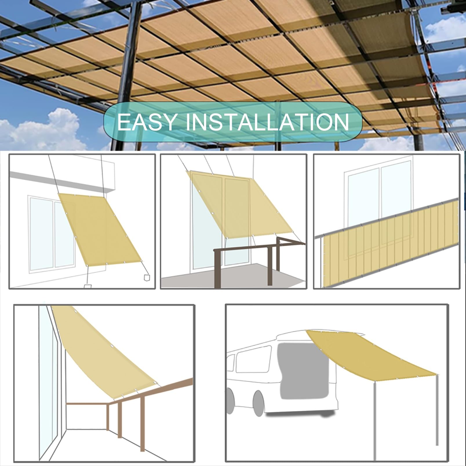 Sonnensegel Wasserdicht 200 x 480 cm, Sunsail Sonnensegel PES Polyester mit UV Schutz Sonnensegel Balkon mit Ösen Und Befestigungsseile, Anthrazit