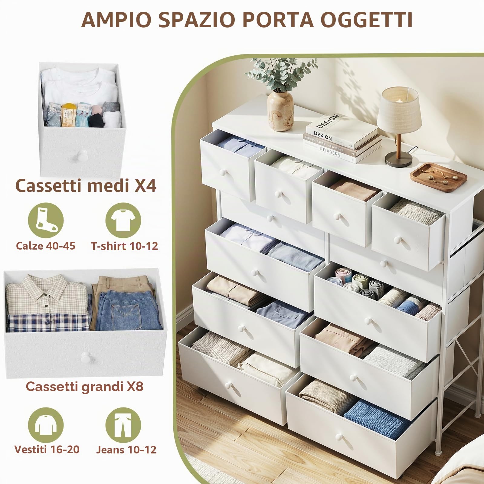 Clevich Cassettiera in tessuto, armadio per riporre, credenza per soggiorno con 12 cassetti per cucina, ufficio, ingresso e camera da letto (Bianco)