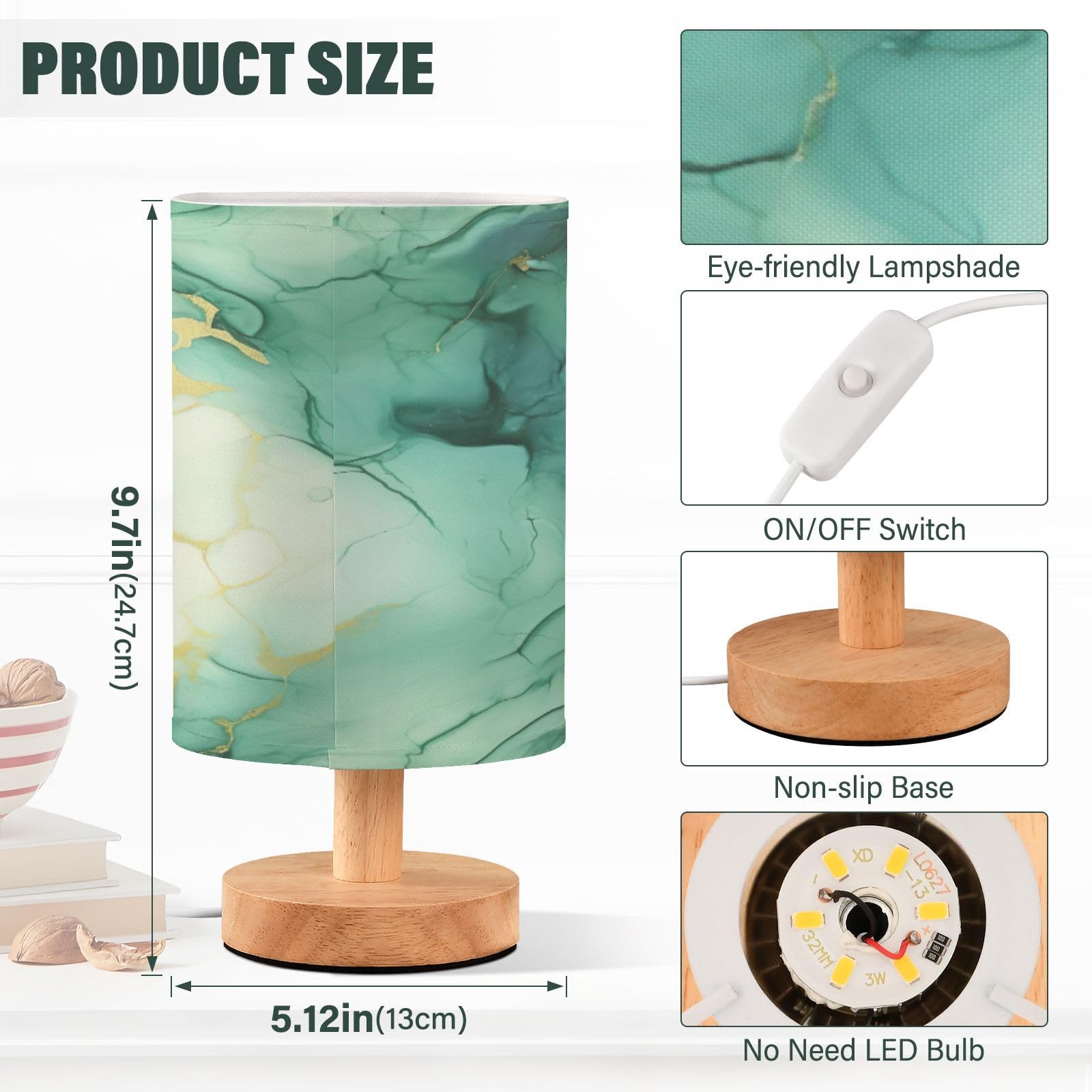 xigua Jade Green Marble Texture Eye Care Bedside Table Lamp,Touch Control Nightstand Bedroom Lamp with USB Ports,LED Desk Night Light for Living Room Office - Image 3