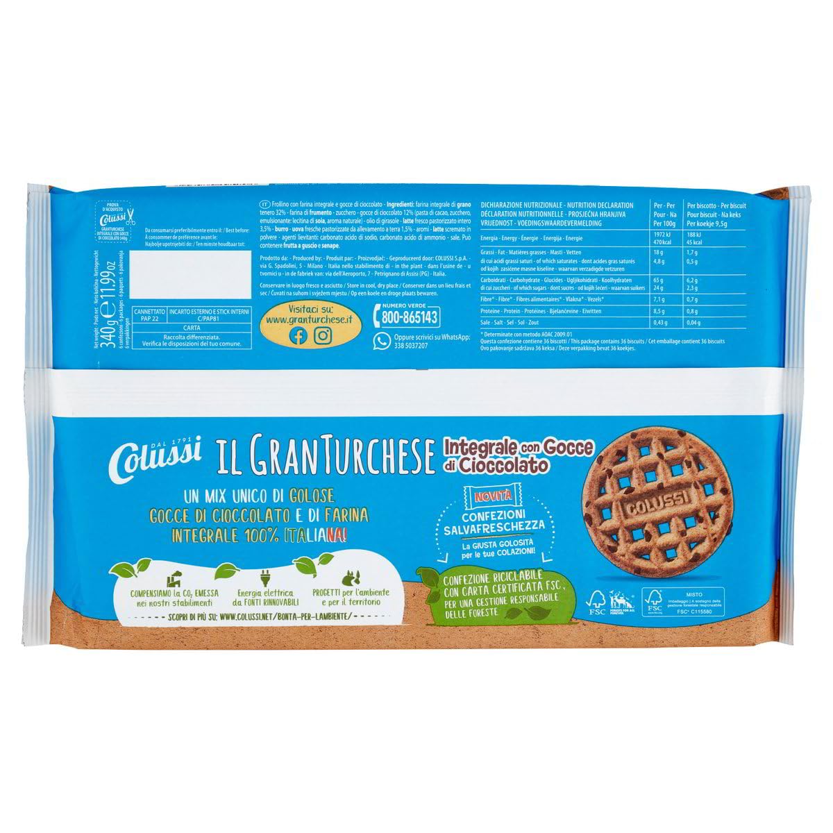 8X Colussi Il GranTurchese con Farina Integrale e Gocce di Cioccolato 6 Porzioni Salvafreschezza 340g [CAIYA® BOX da 8 Confezioni]