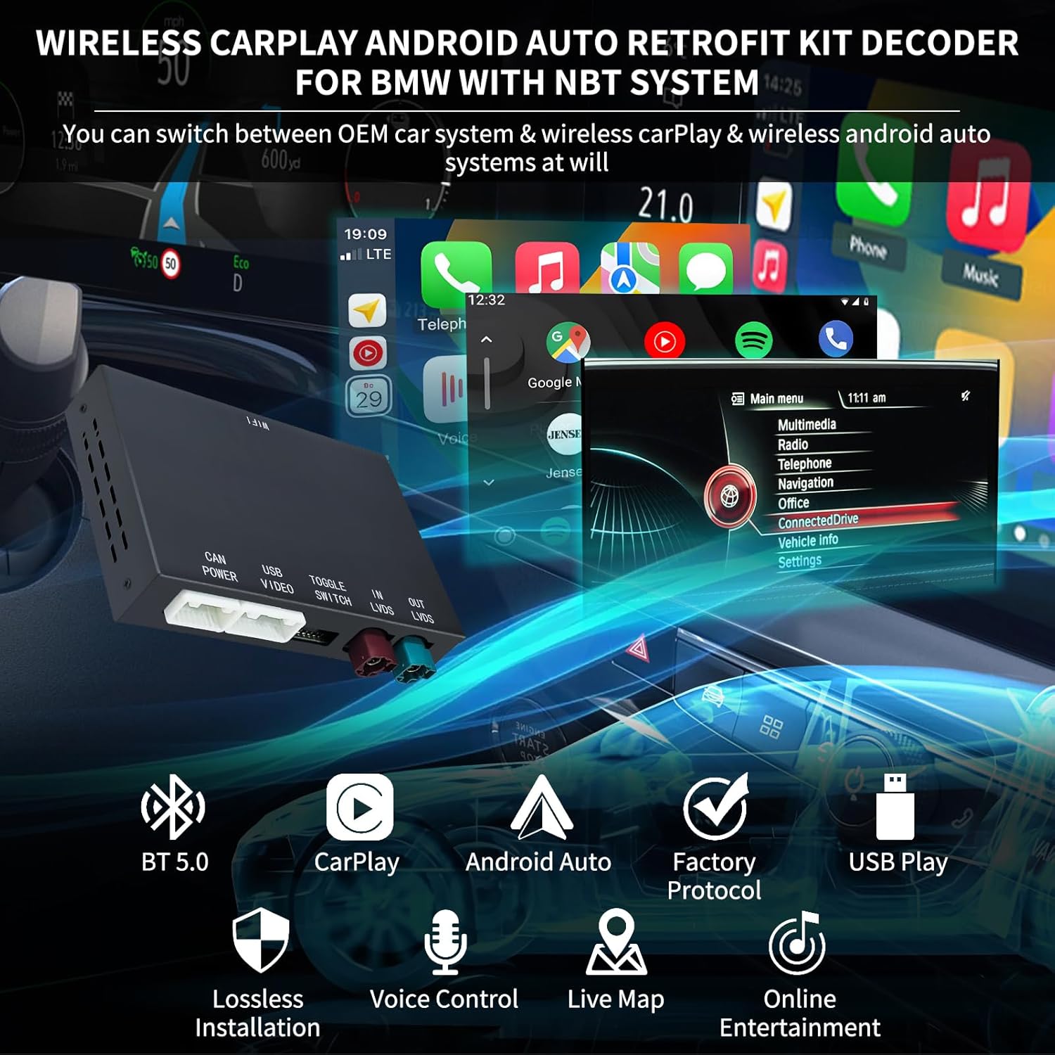 Wireless CarPlay Android Auto Retrofit Kit Decoder Box for BMW NBT System 1/2/ 3/4/ 5/6 7 Series X3/ X4 /X5/ X6 2012-2016, Support Android Auto, Mirror Link,Backup Camera, GPS, Siri, YouTube