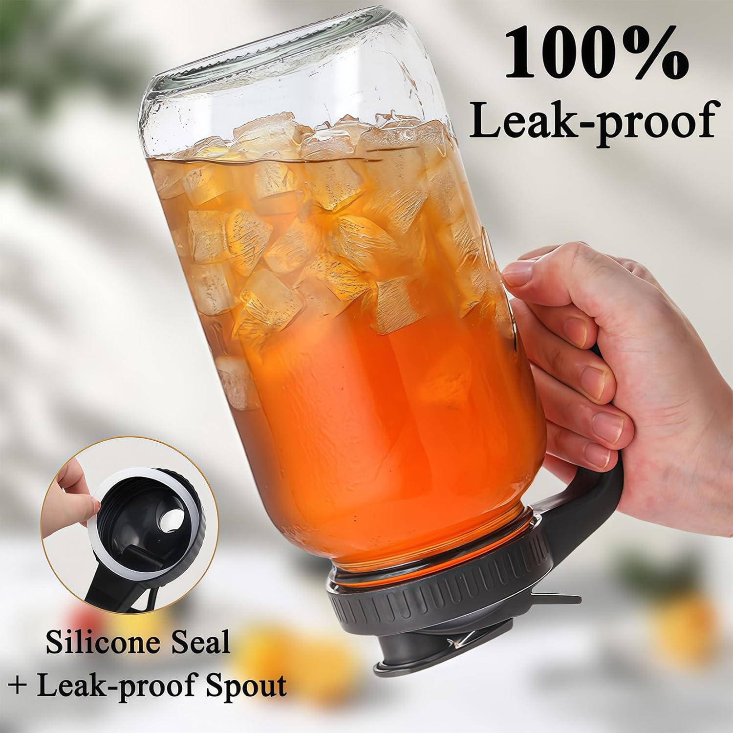 64oz Glass Pitcher with Handle and Lid, 2 Quart Mason Jar Pitcher - Airtight & Leakproof Water Jug with Pour Spout Lid, Glass Containers for Fridge, Perfect for Juice, Cold Brew, Iced & Sun Tea - Image 4