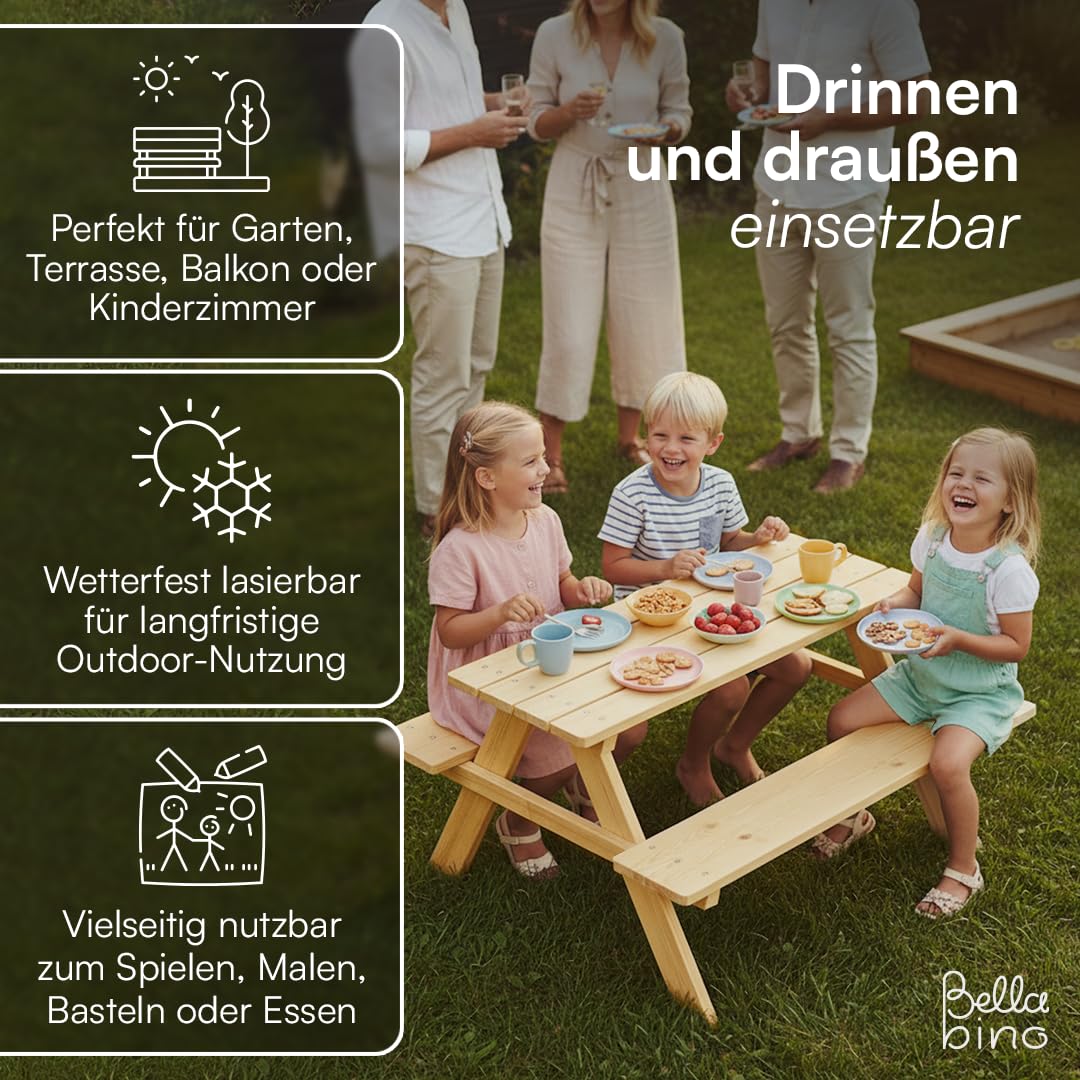 Bellabino Kindersitzgruppe für 4 Kinder – Kindertisch mit 2 Bänken – Picknicktisch aus Kiefer, unbehandelt – Gartenmöbel ab 2 Jahren
