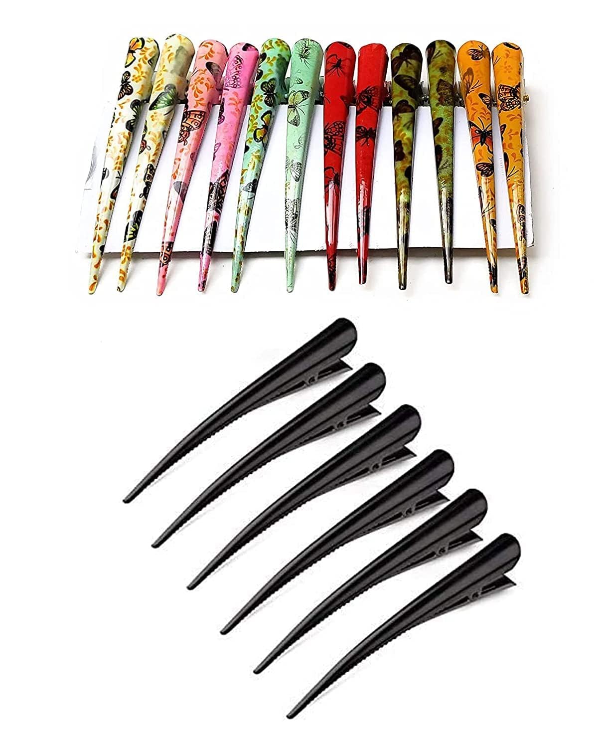 Combo Pack (Flower Printed With Black Metal Duck Teeth Bows Hair Clips) Acrylic Hair Clips Crow Design Hair Beak Barrettes (3 Printed Duckbill+ 3 Black Duckbill)-image-23