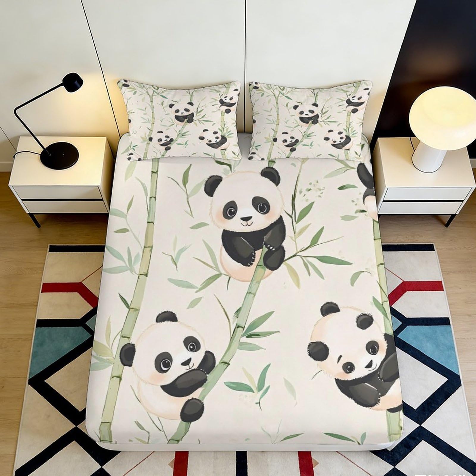 3D Printed Panda Pattern Fitted Sheet Microfiber Soft Breathable Bamboo Design Bed Cover for Bedroom Dormitory Guest Room Mattress Protection 90x200x25cm