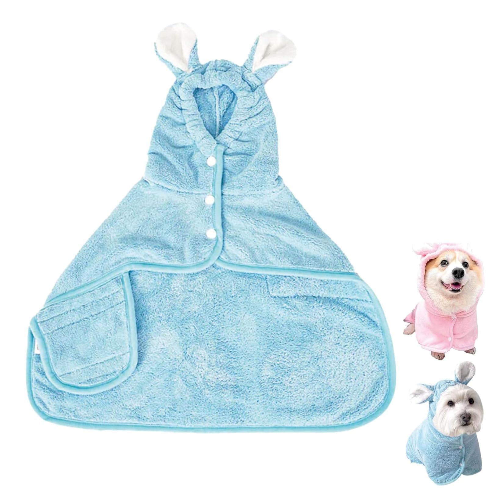 Dog Bathrobe,Quick Drying Dog Drying Towel,Bunny Ear Microfiber Absorbent Skin-Friendly Pet Hoodie Bathrobe,Extra Soft Highly Absorbent(Blue, S)