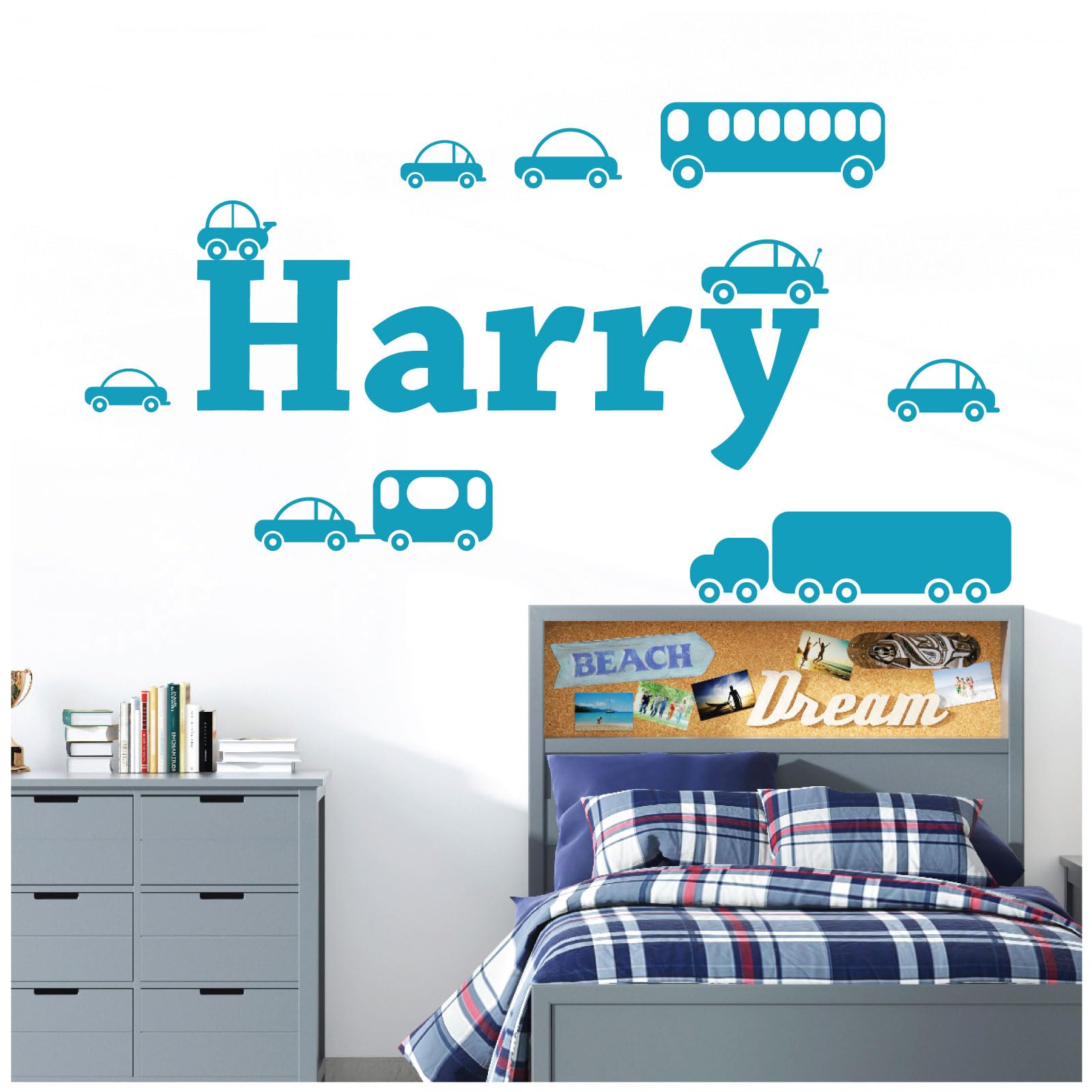 Personalised Name Boys Wall Art Sticker - Cartoon Trucks, Cars, Bus, Caravan, Taxi Set [Medium] [Sky] — image 1