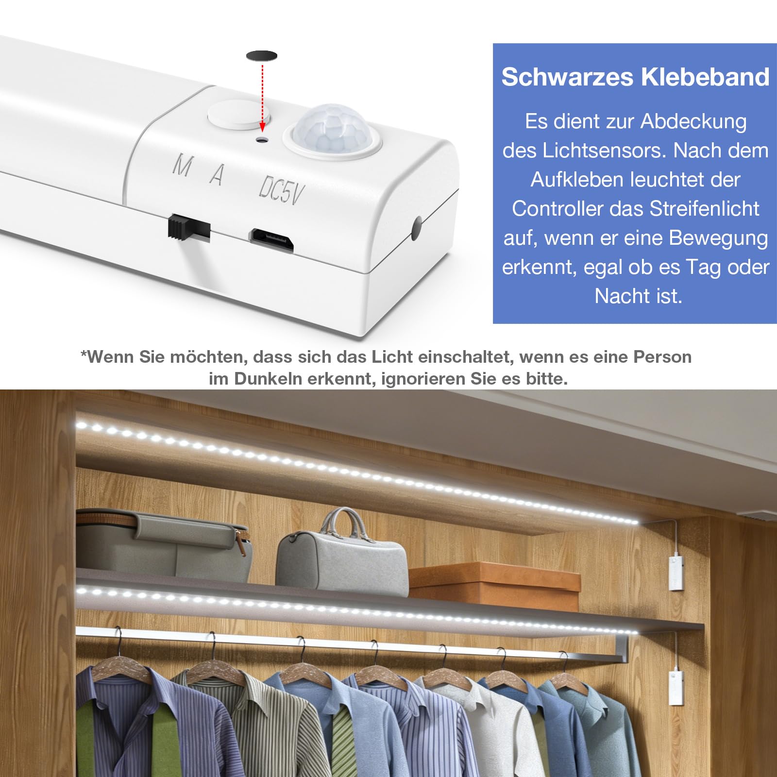 WOBANE Striscia LED da 5 m con rilevatore di movimento, illuminazione per scale con 2 sensori, funzionamento a batteria, illuminazione a LED per cucina, letto, dispensa, corridoio