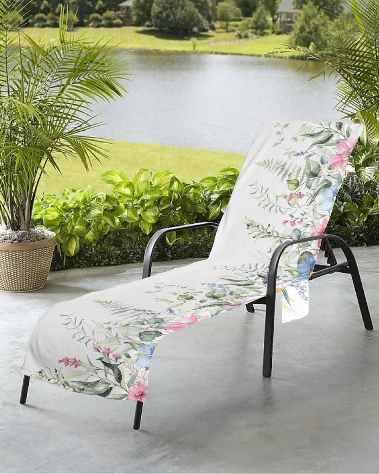 Eucalyptus Beach Chair Towel Covers for Chaise Lounge with Side Pocket, Soft Plush Pool Towels Cover for Patio Sunbathing Outdoor 29''x85'' Spring Botanical Leaves Floral Simple White