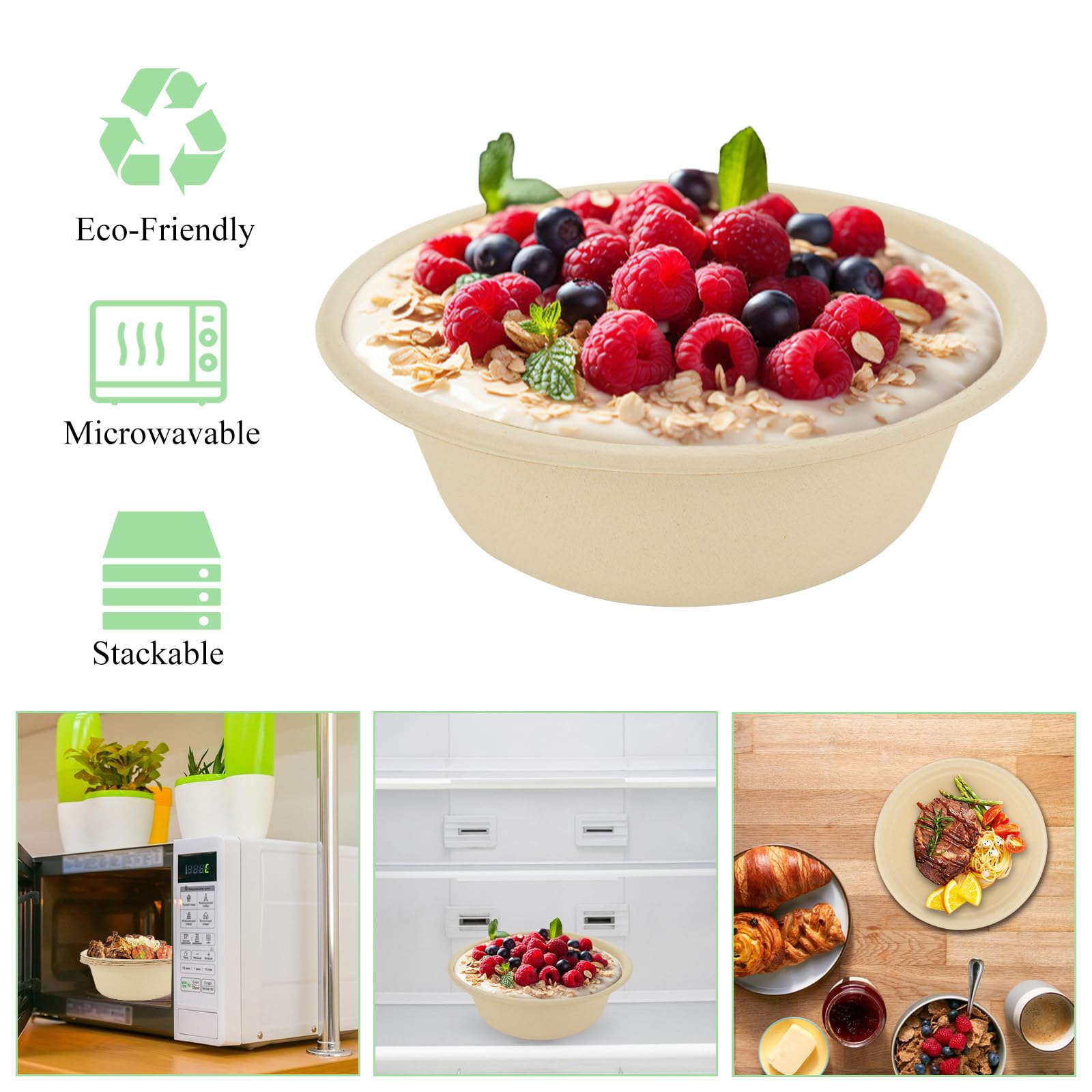 Confezione da 200 ciotole di carta compostabili usa e getta, 340 g, resistenti, ecologiche, per cibi caldi, zuppe, insalata, dessert, latte, cereali, gelato