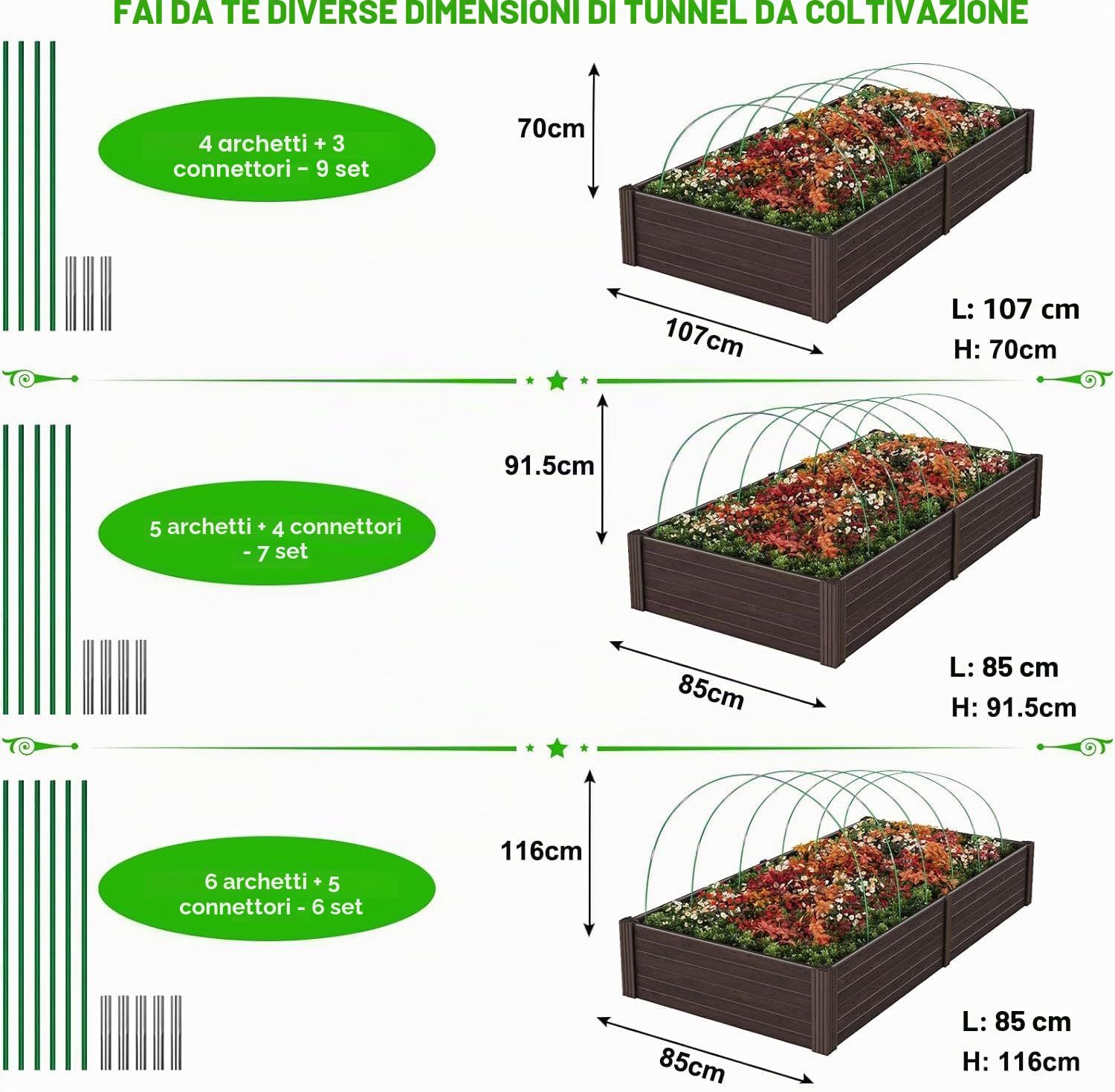 60 cerchi per serra per letti rialzati, 40 clip, pali da giardino da 2,4 m, tunnel per copertura di file, regolabili in fibra di vetro antiruggine, telaio fai da te per esterni