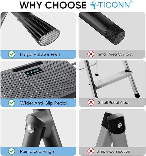 Vista 30 de TICONN Escalera de 3 escalones, taburete plegable resistente, taburete plegable de acero portátil para almacenamiento de garaje doméstico (negro)