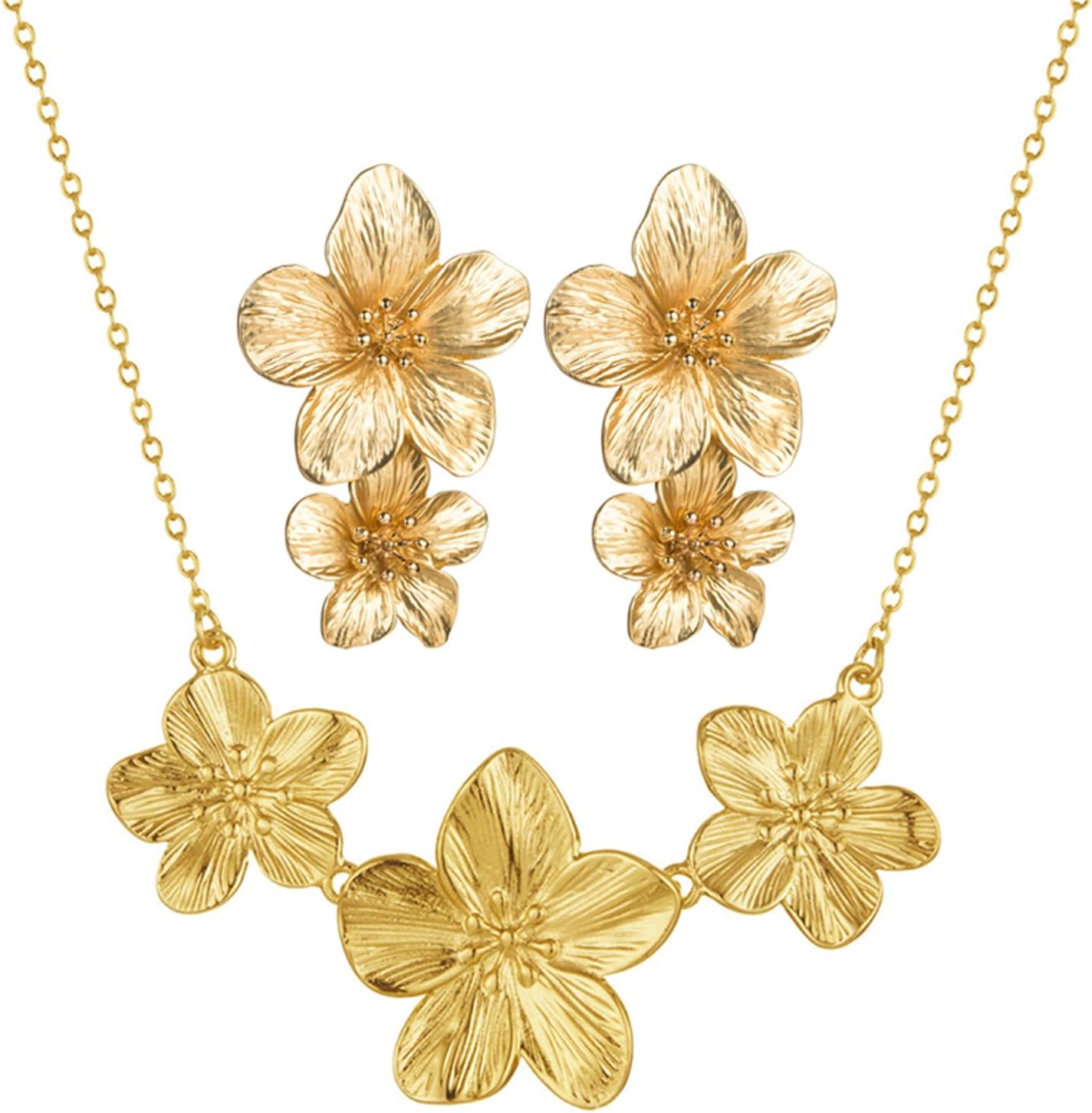 WCRAZYE Gold Chunky Flower Earrings Necklace Sets for Women Boho Statement Flower Earrings 18Gold Layered Floral Flower Chunky Collar Necklace Wedding Prom Fashion Jewelry