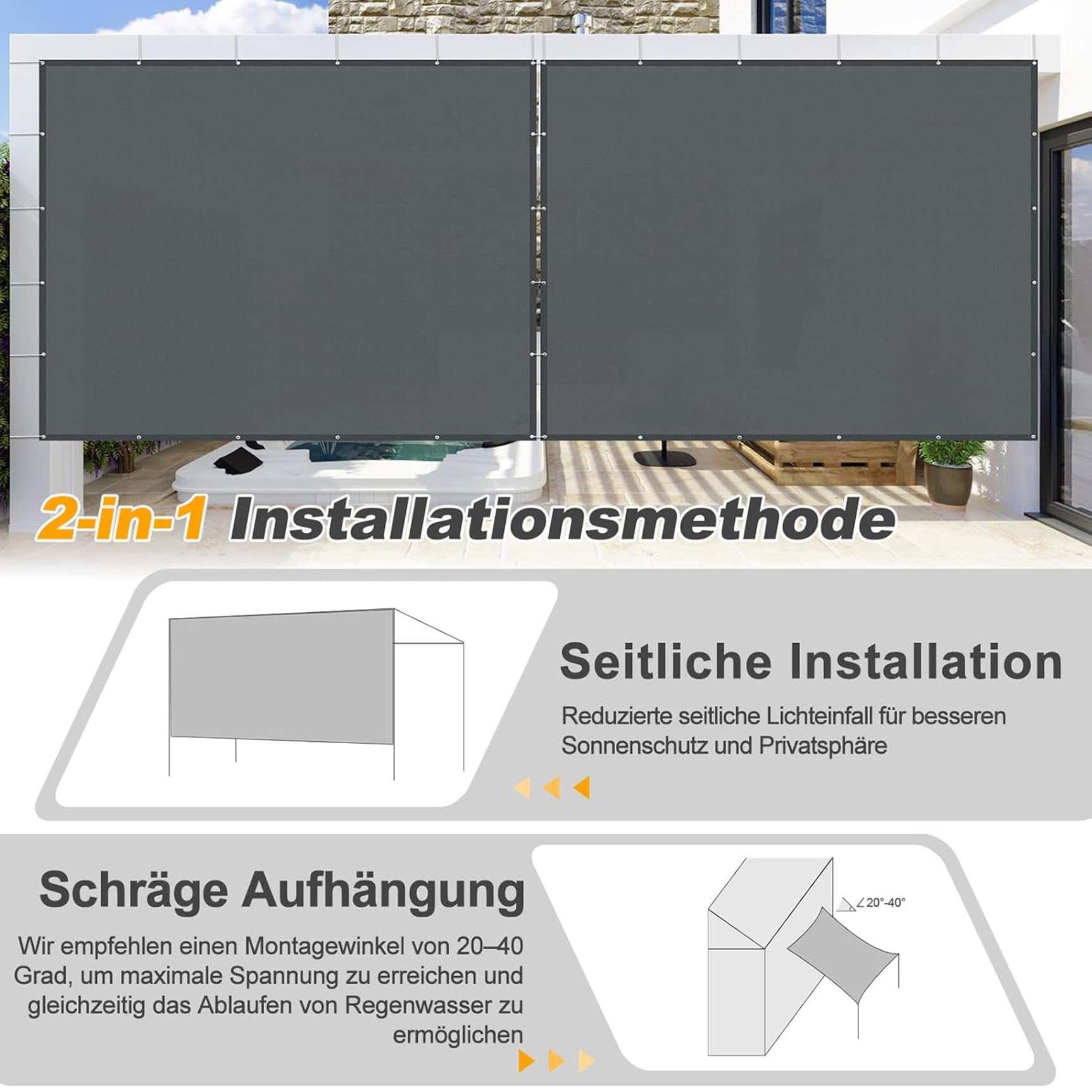 Markiza Przeciwsłoneczna 185 x 220 cm 98% Odporności Na Promieniowanie Uv, Wiatroszczelność, Wodoodporność, Markizy Przeciwsłoneczne, Na Zewnątrz, Do Ogrodu, Ciemny szary