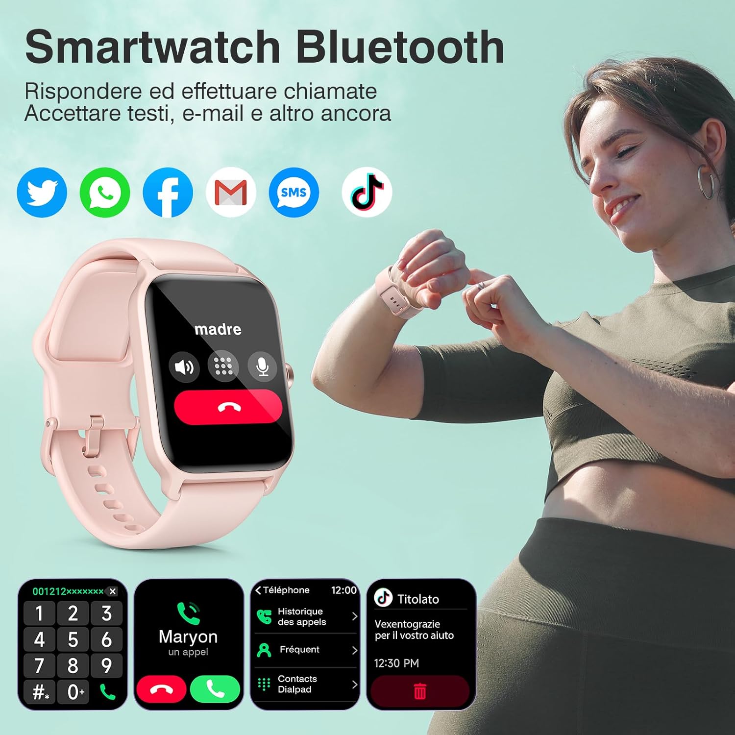 Smartwatch Donna Uomo-Orologio Smart Watch con Chiamate e whatsapp Alexa Integrata Cardiofrequenzimetro SpO2 100 modalità Sport e Monitoraggio del Sonno IP68 Orologio fitness per Android iOS(Rosa) 1.8 Rosa - Immagine 2