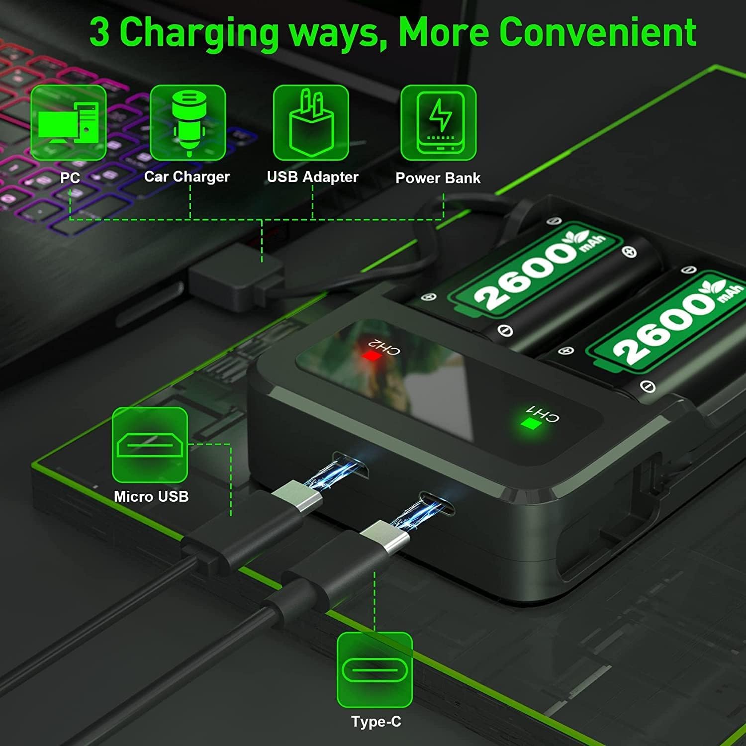 Batería para Xbox One/One S/X/Xbox Series X/S, 2.5 Horas de Carga Rápida, 2 * 6200mWh(2600mAh) Batería para Xbox Series X/S/Xbox One/One S/X/One Elite