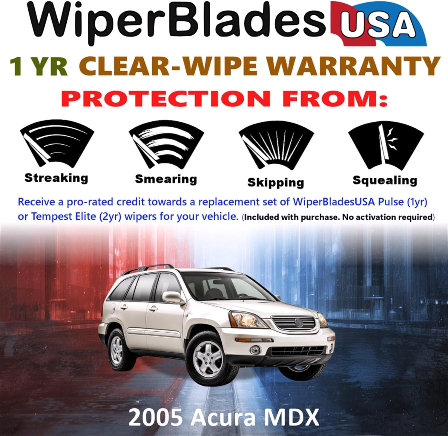 WiperBladesUSA Wiper Blades Set w/ 1yr warranty compatible with Acura MDX 2005 Wipers (Set of 3) w/Rear Wiper Pulse Wipers