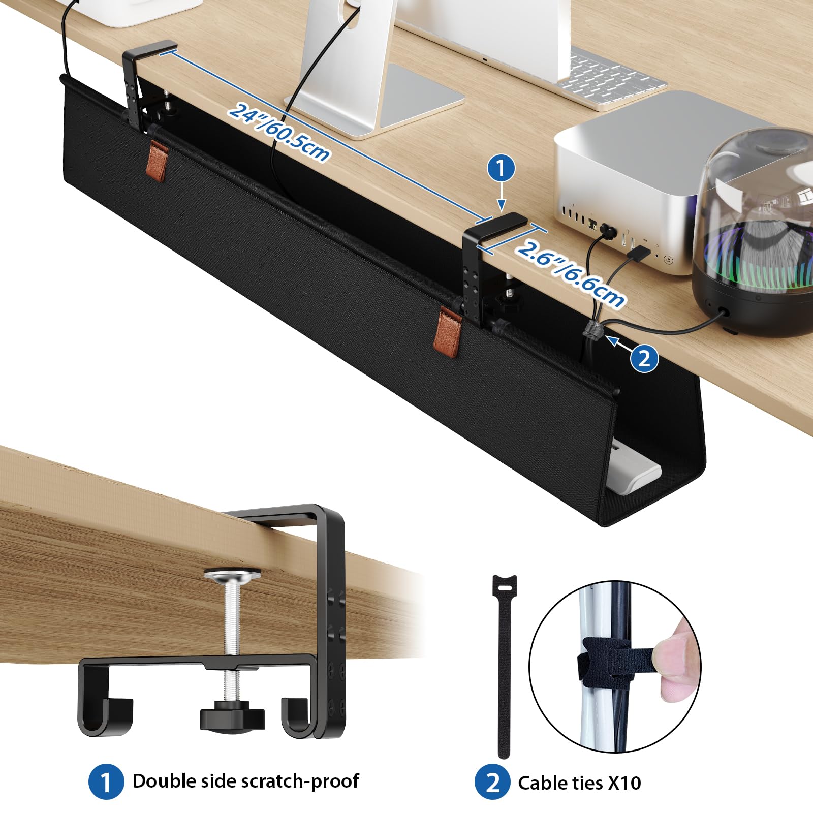 Zilink Kabelmanagement-Tablett ohne Bohren unter dem Schreibtisch, 101,6 cm, Kabel-Organizer für Tischklemme/Schraubbefestigung, Premium-Stoff-Kabelmanagement-Tablett für Zuhause, Büro